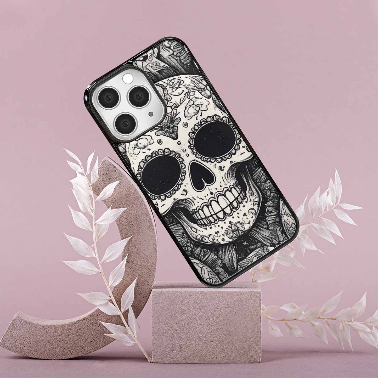 iPhone 15 Pro Max Case — Intricately Detailed Sugar Skulls In Black, Custom Printed Phone Case