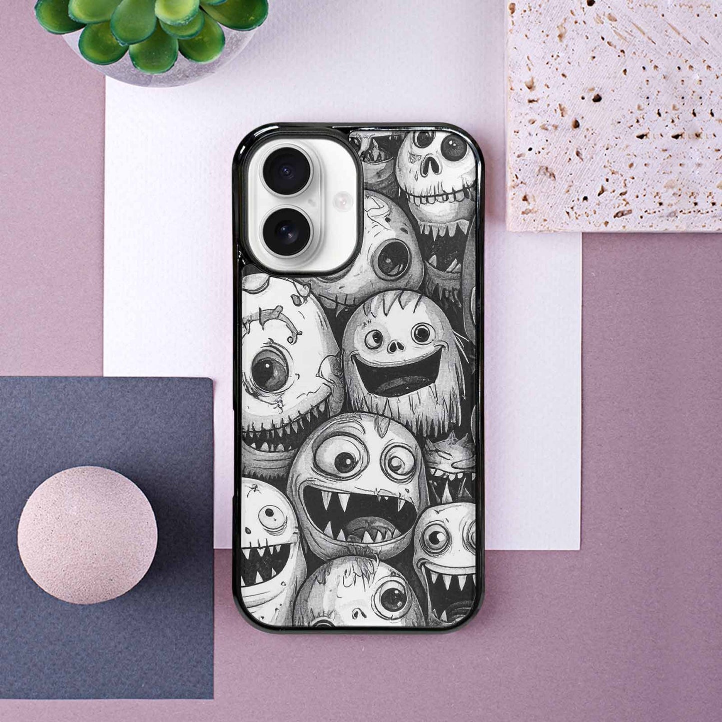 iPhone 16 Case — Black And White Monster Face Collage, Original Design Phone Case