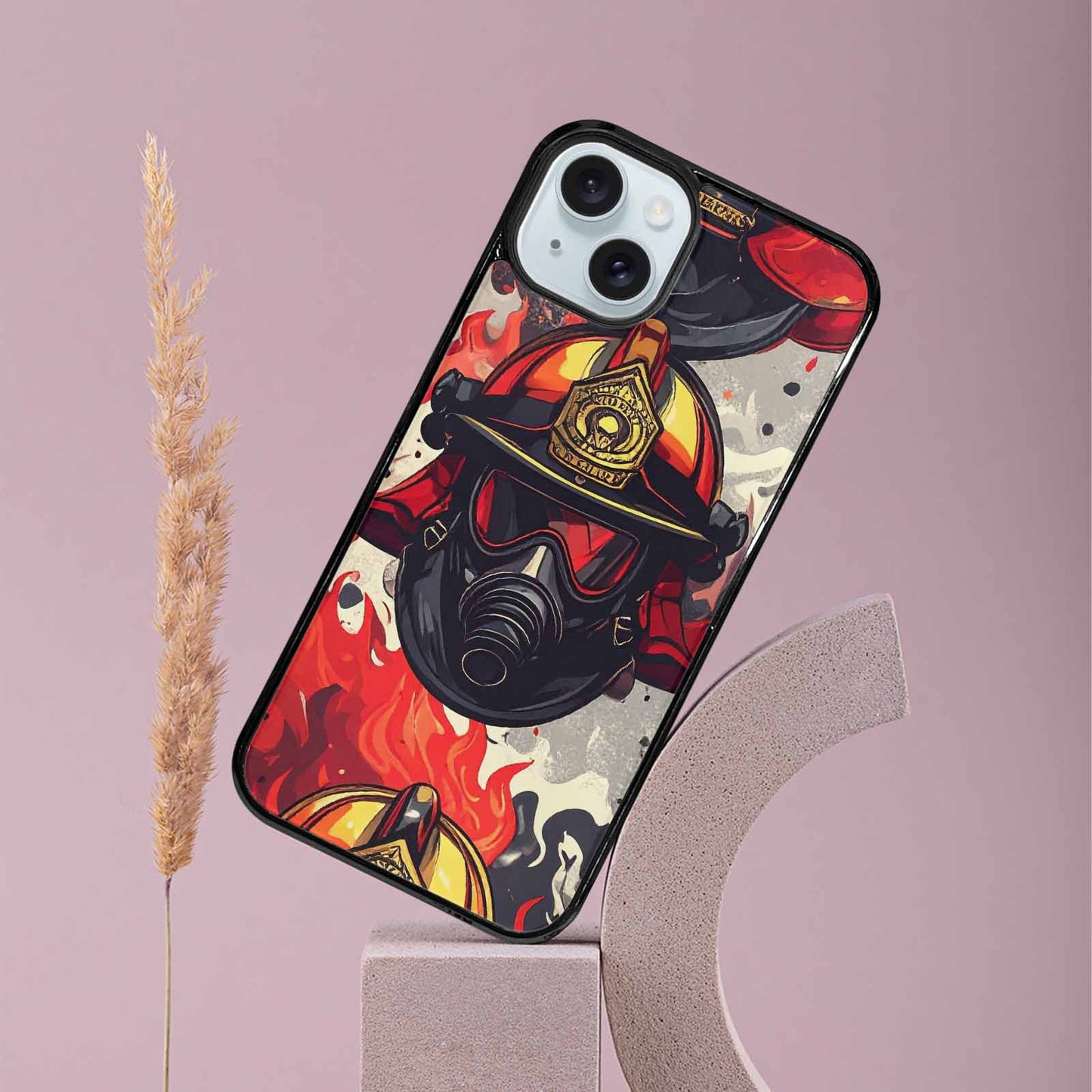 iPhone 15 Plus Case — Firefighter Pattern Flames Axes Helmets Seamless, Customized Protective Case