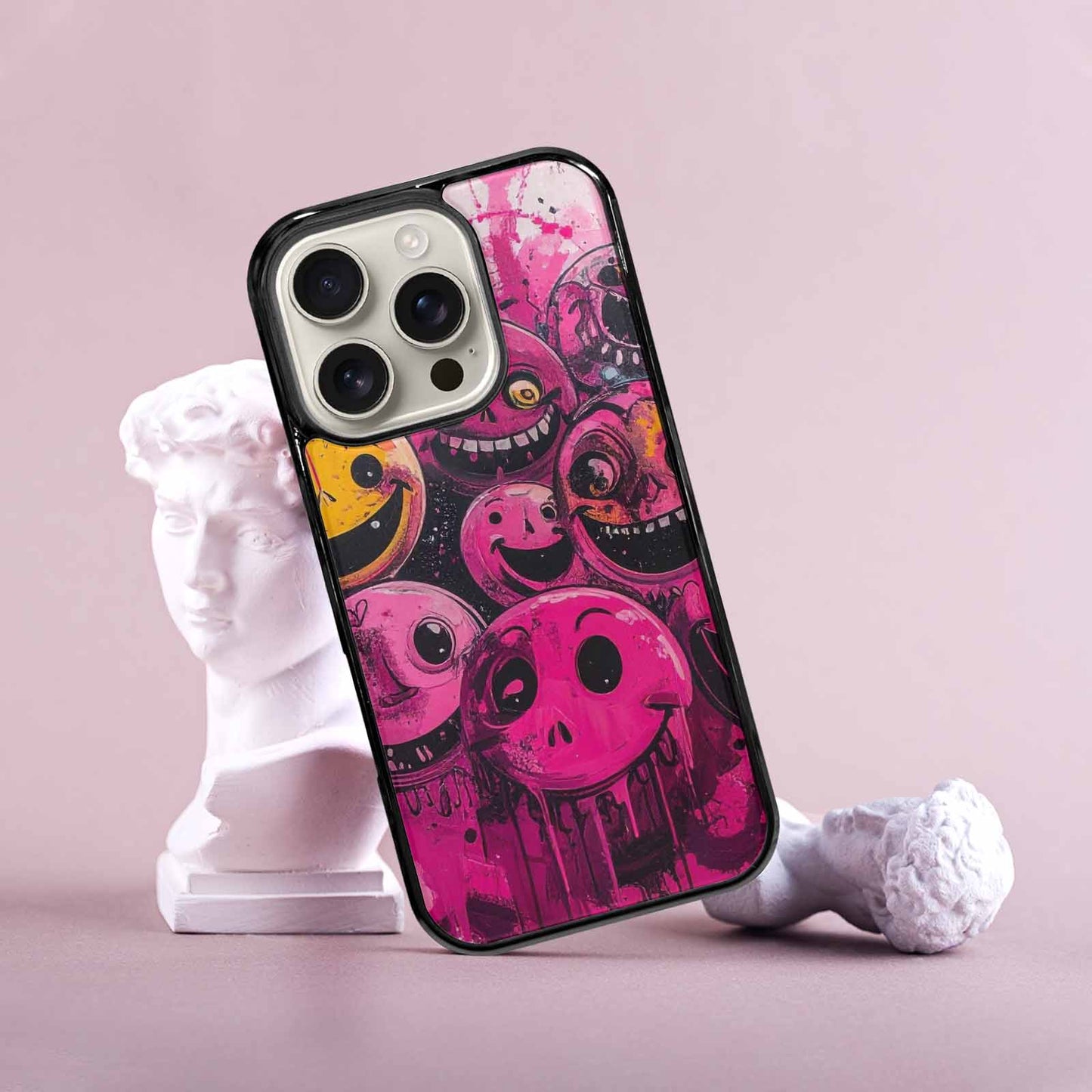 iPhone 16 Pro Case — Melting Moon Smiley Black Pink Ink, Customized Protective Case
