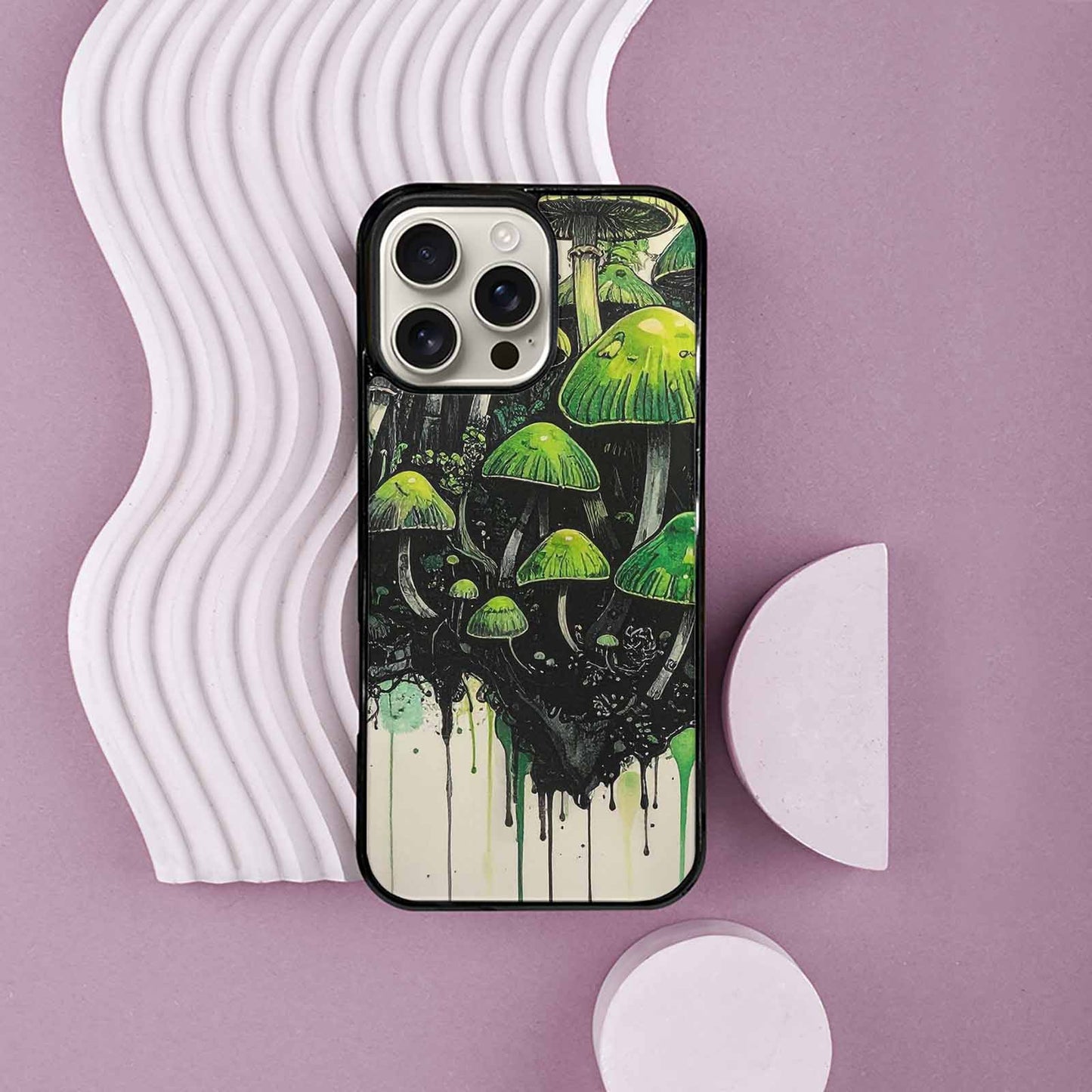 iPhone 16 Pro Max Case — Rainbow Drip Mushrooms Black Green Ink, Original Design Phone Case