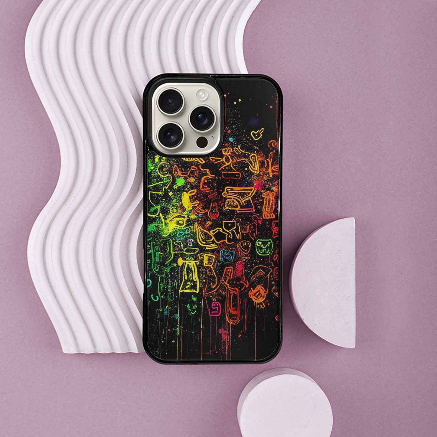iPhone 16 Pro Max Case — Neon Glow Outline Icon Pattern Hundreds, Custom Printed Phone Case