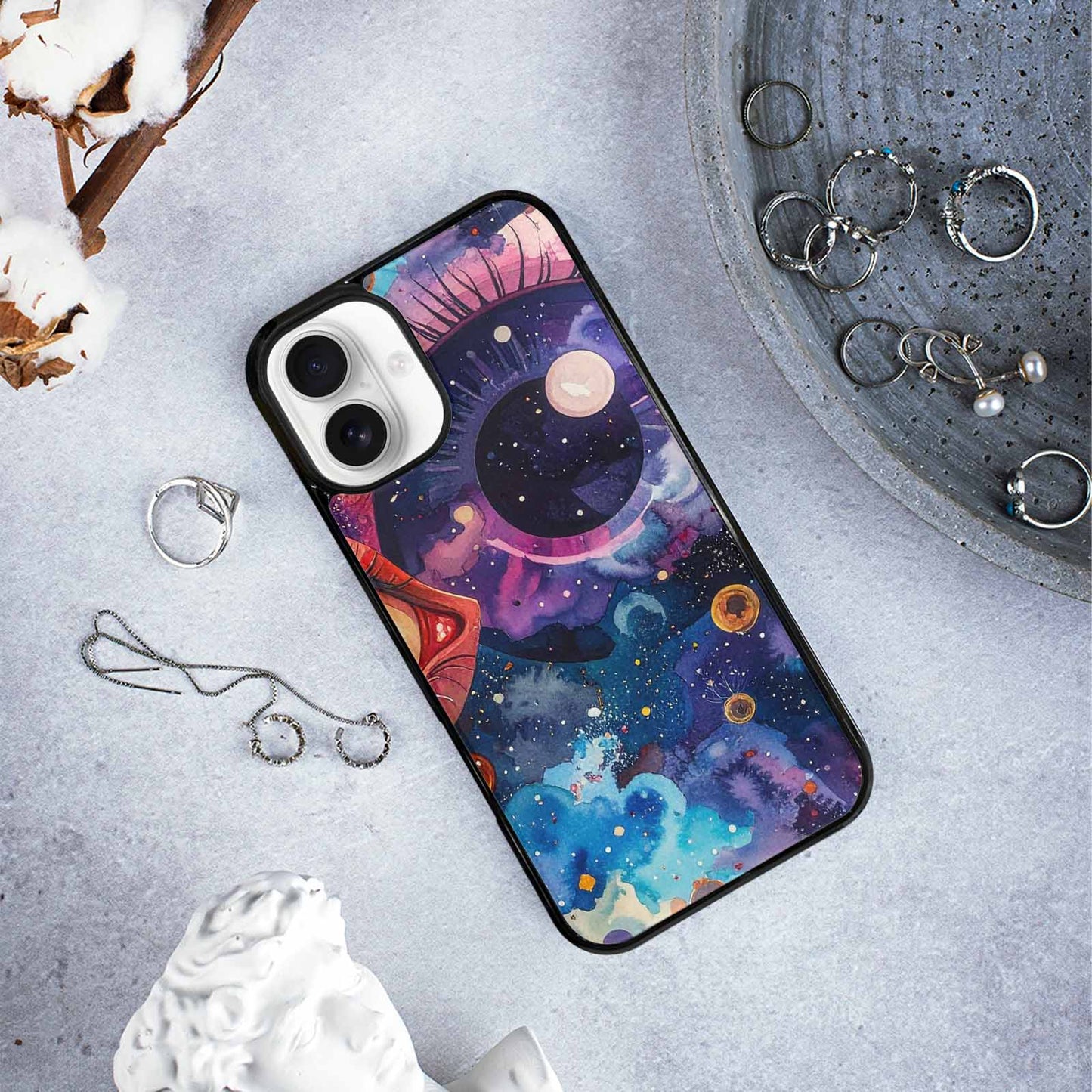iPhone 16 Plus Case — Cartoon Eyeballs Galaxy, Original Design Phone Case