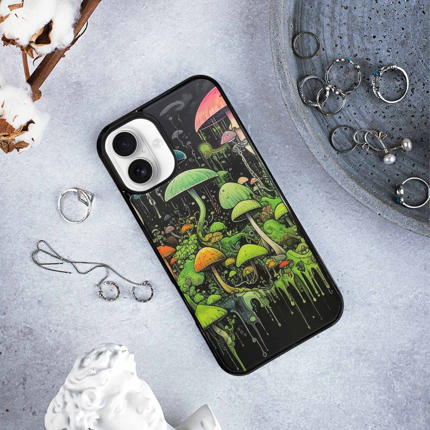iPhone 16 Plus Case — Rainbow Drip Mushrooms Black Green Ink, Custom Print Case Cover