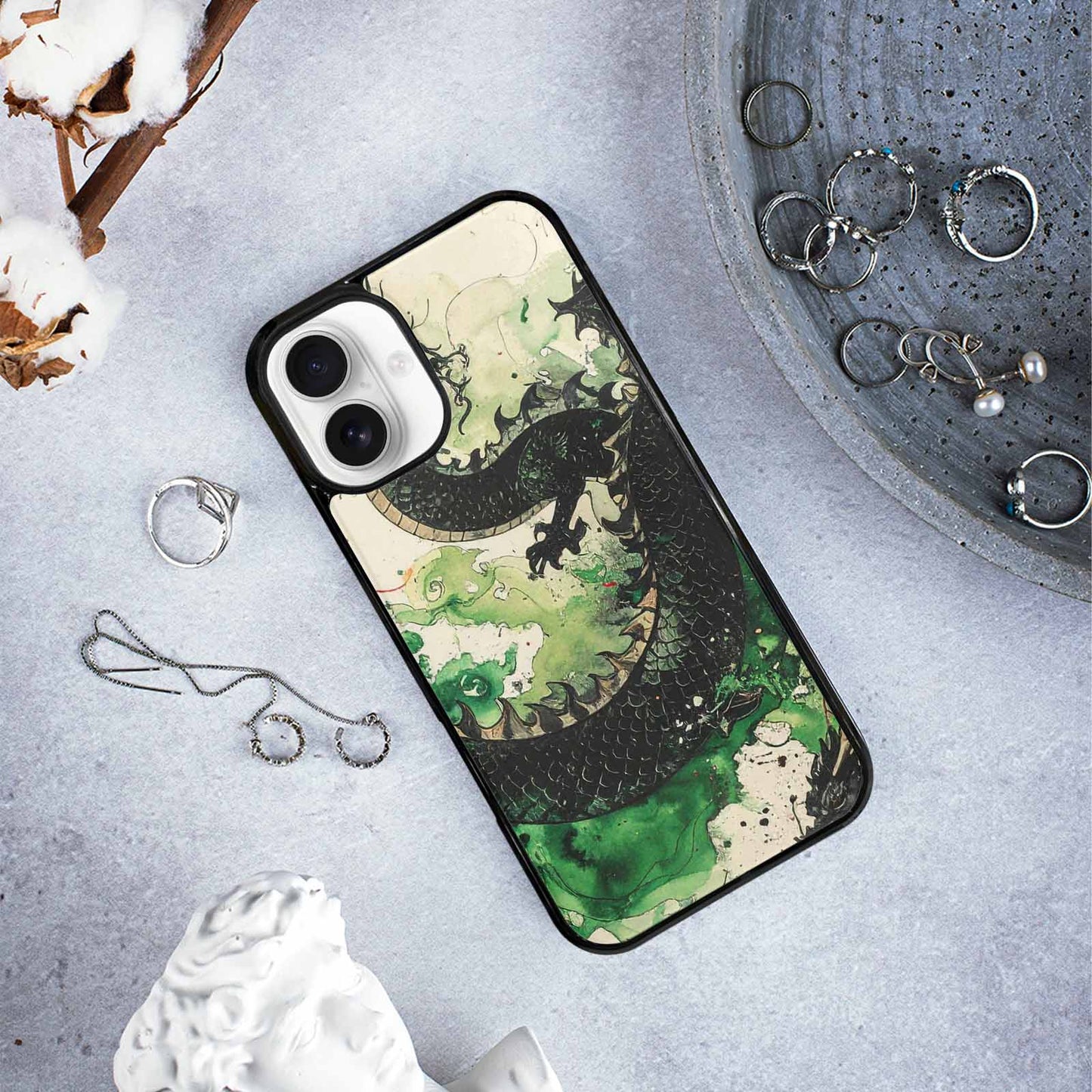 iPhone 16 Plus Case — Dragon Scale Black Green Ink Dragons, Custom Art Phone Cover