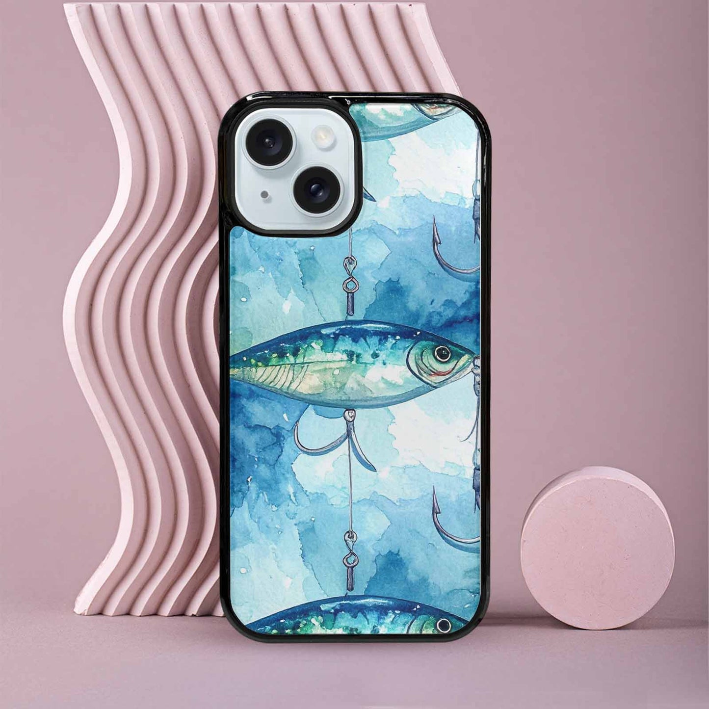 iPhone 15 Case — Fishing Lure And Hook Pattern Seamless, Custom Print Case Cover