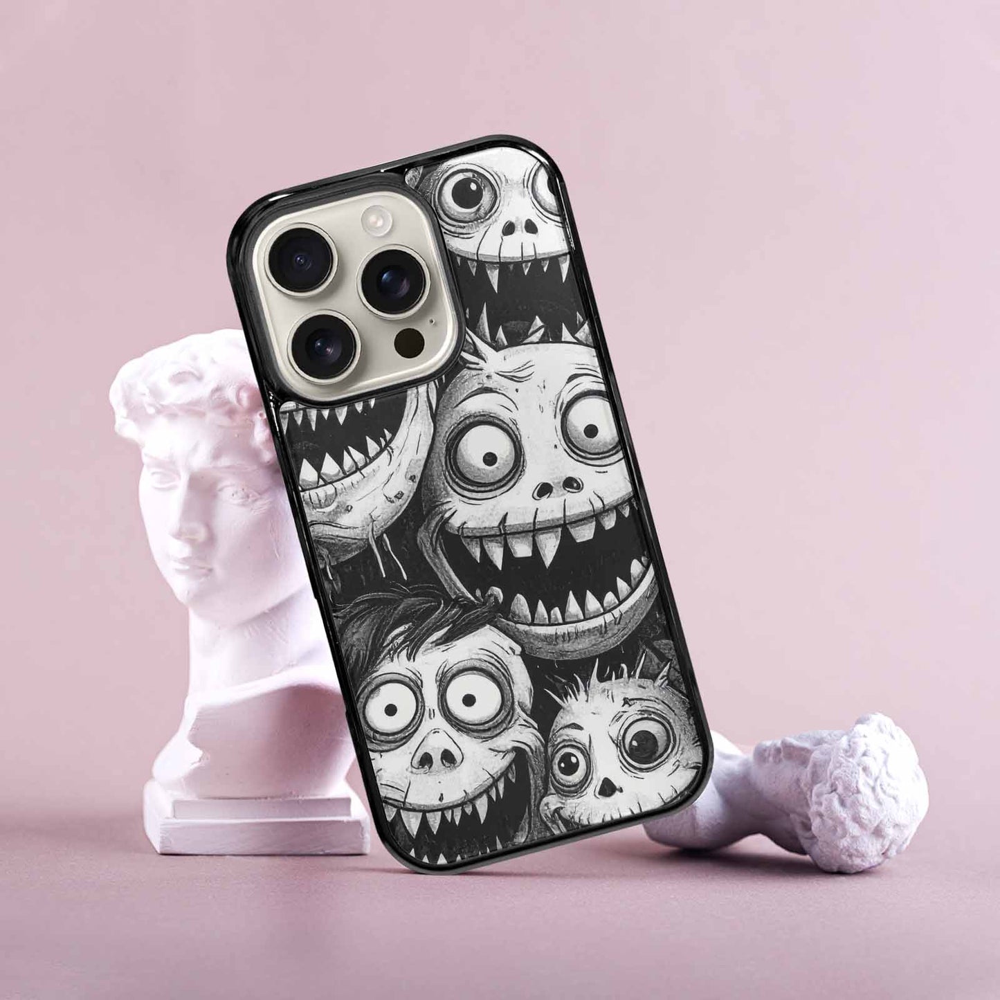 iPhone 16 Pro Case — Black And White Monster Face Collage, Custom Art Phone Cover