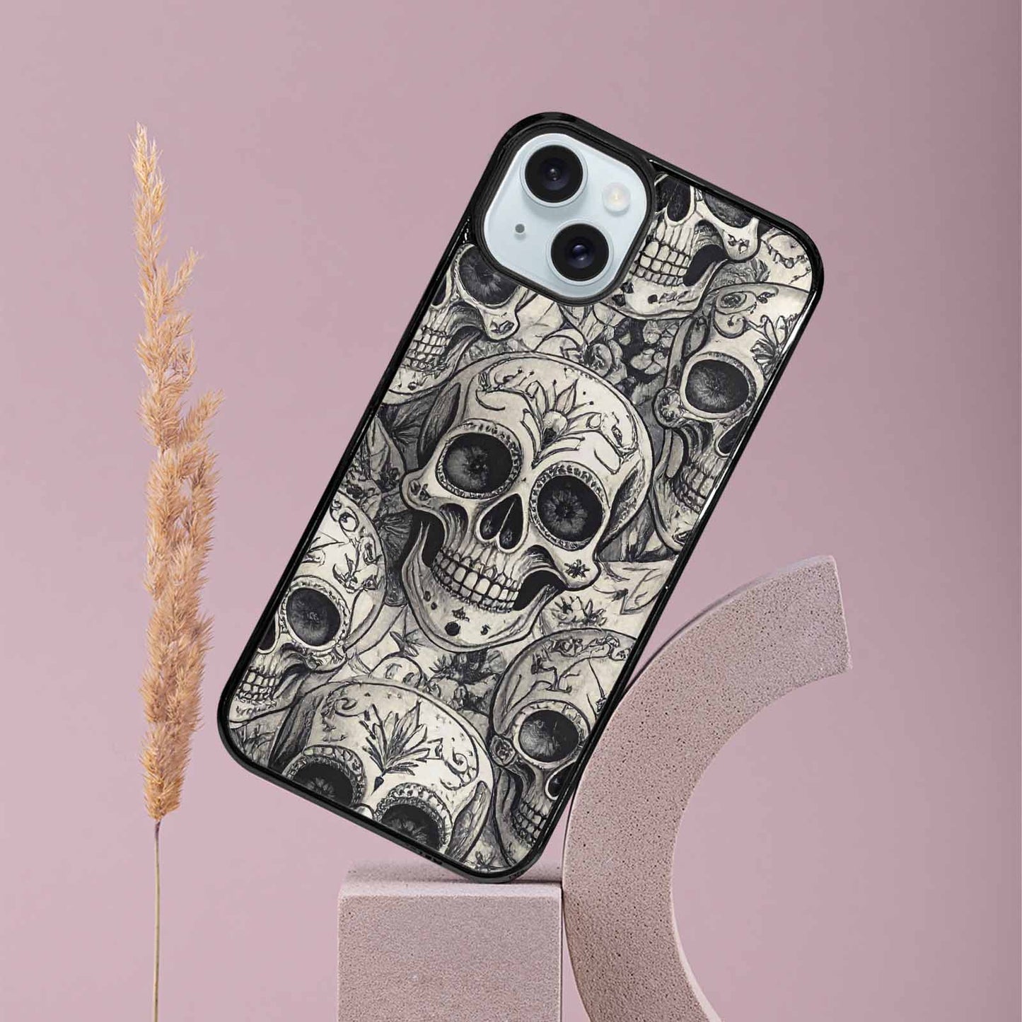 iPhone 15 Plus Case — Intricately Detailed Sugar Skulls In Black, Custom Print Case Cover