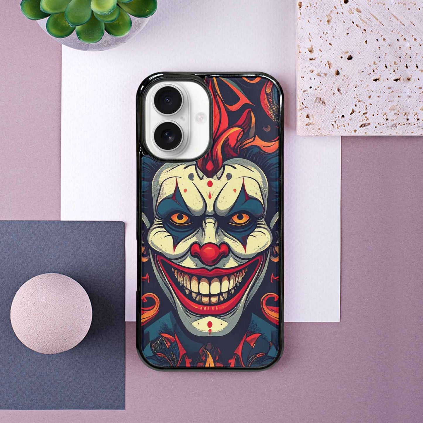 iPhone 16 Case — Evil Circus Heads Faces Overlapping Patterns, Custom Phone Case