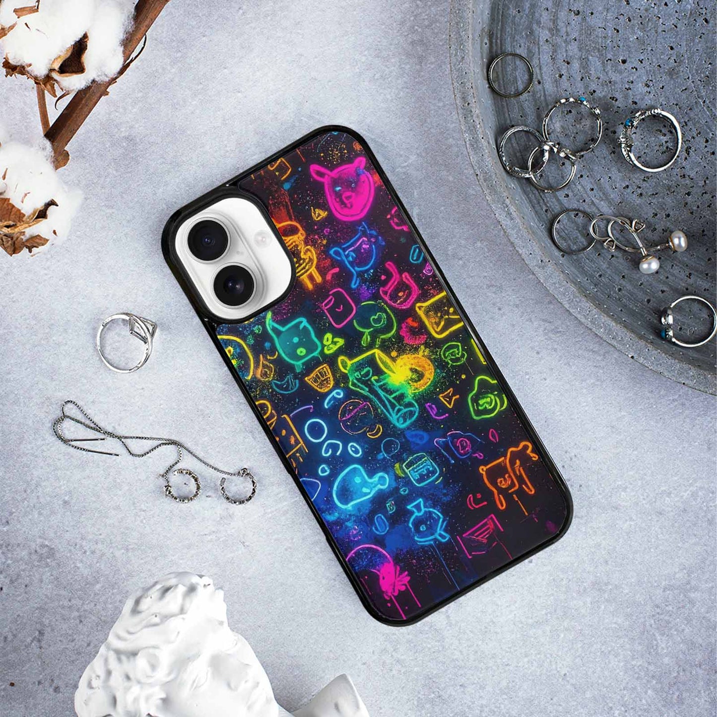 iPhone 16 Plus Case — Neon Glow Outline Icon Pattern Hundreds, Custom Printed Phone Case