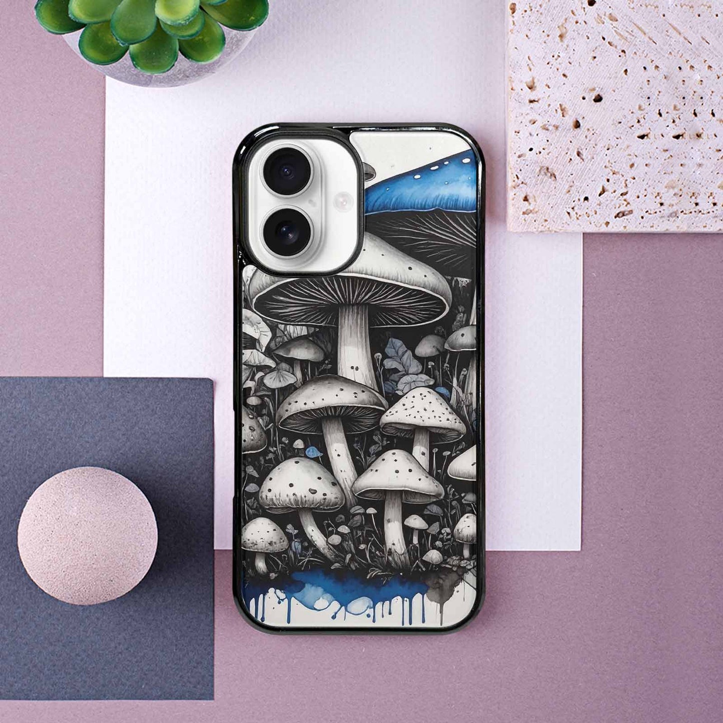 iPhone 16 Case — Mushrooms General Black Blue Ink Mushrooms, Unique Phone Case Design