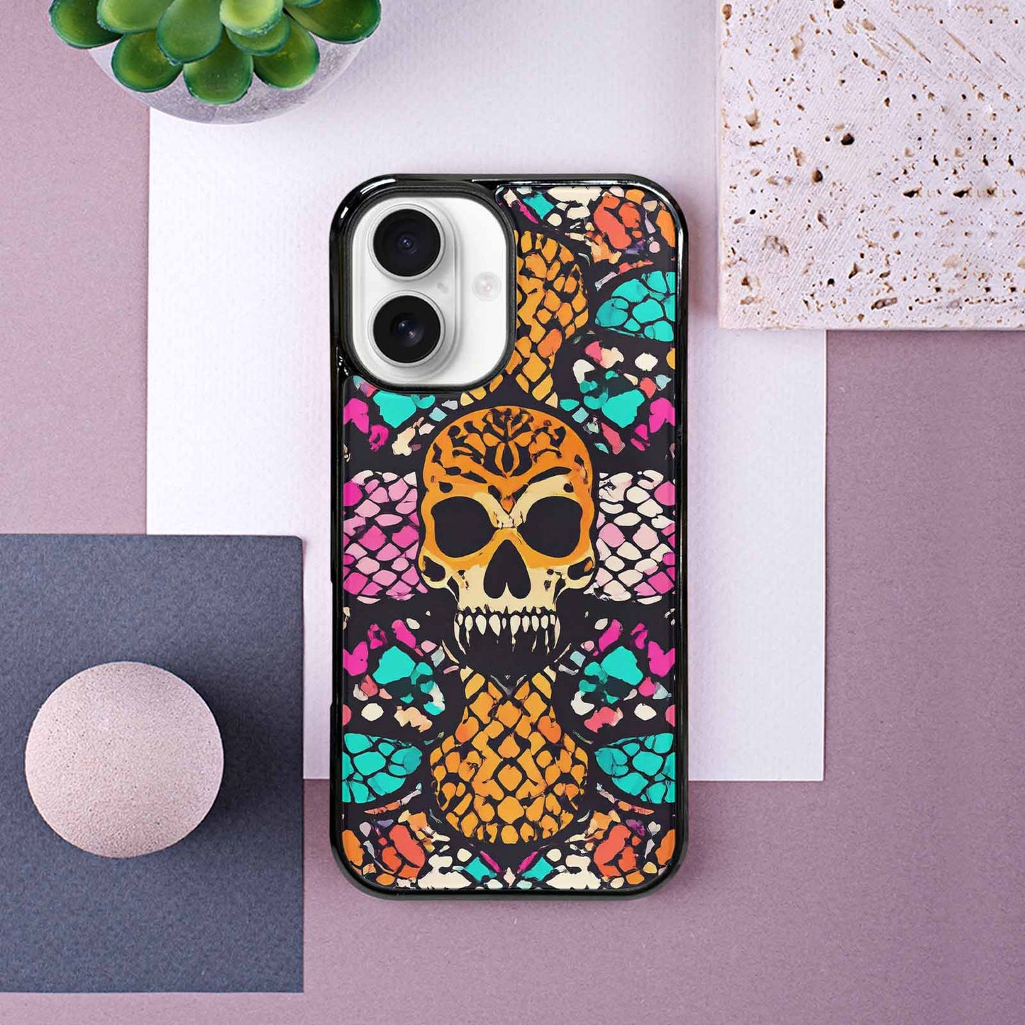 iPhone 16 Case — Snake Print Skull, Custom Phone Case