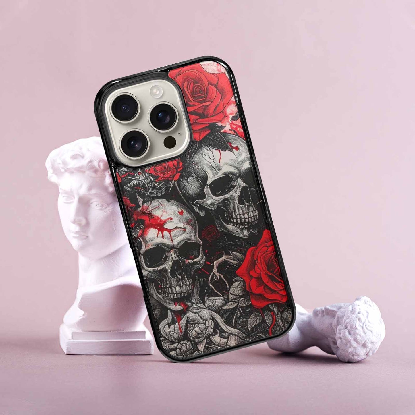 iPhone 16 Pro Case — Skull And Roses Black Red Ink, Custom Made Phone Cover
