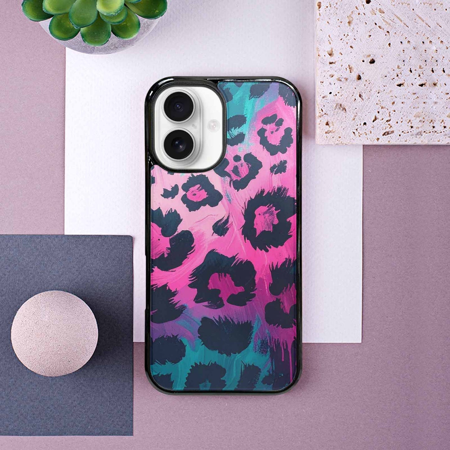 iPhone 16 Case — Leopard Neon Pink Teal Airbrush, Custom Made Phone Cover