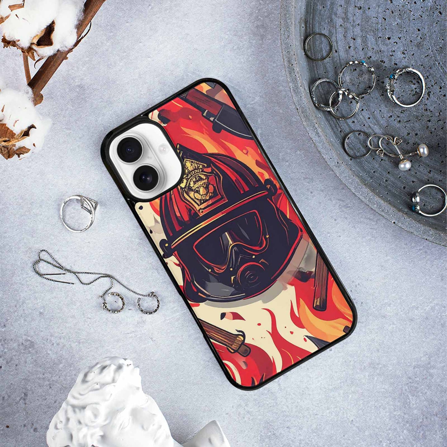 iPhone 16 Plus Case — Firefighter Pattern Flames Axes Helmets Seamless, Custom Printed Phone Case