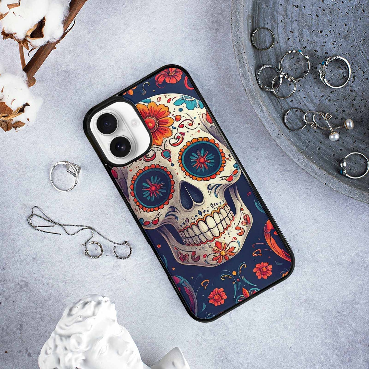 iPhone 16 Plus Case — Day Dead Sugar Skull Art 100s, Custom Made Phone Cover
