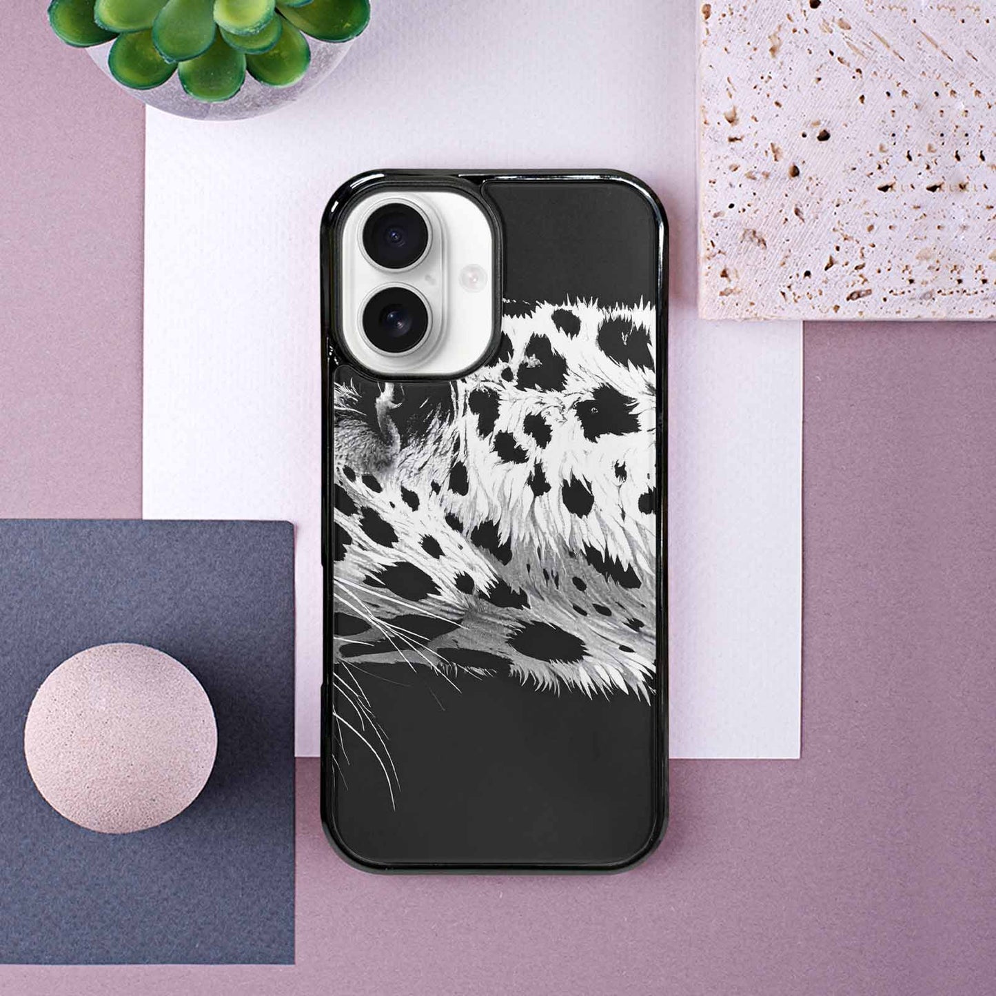 iPhone 16 Case — Leopard Print Black And White Style, Custom Printed Phone Case
