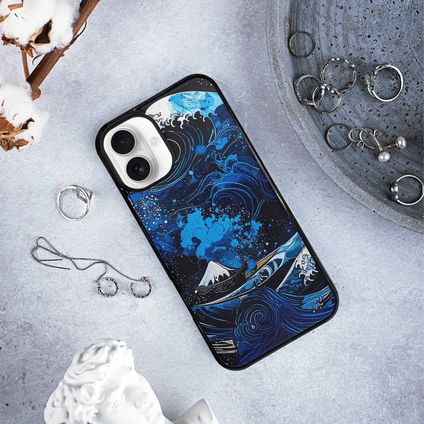 iPhone 16 Plus Case — Nautical Wave Black Blue Ink Wave, Original Design Phone Case