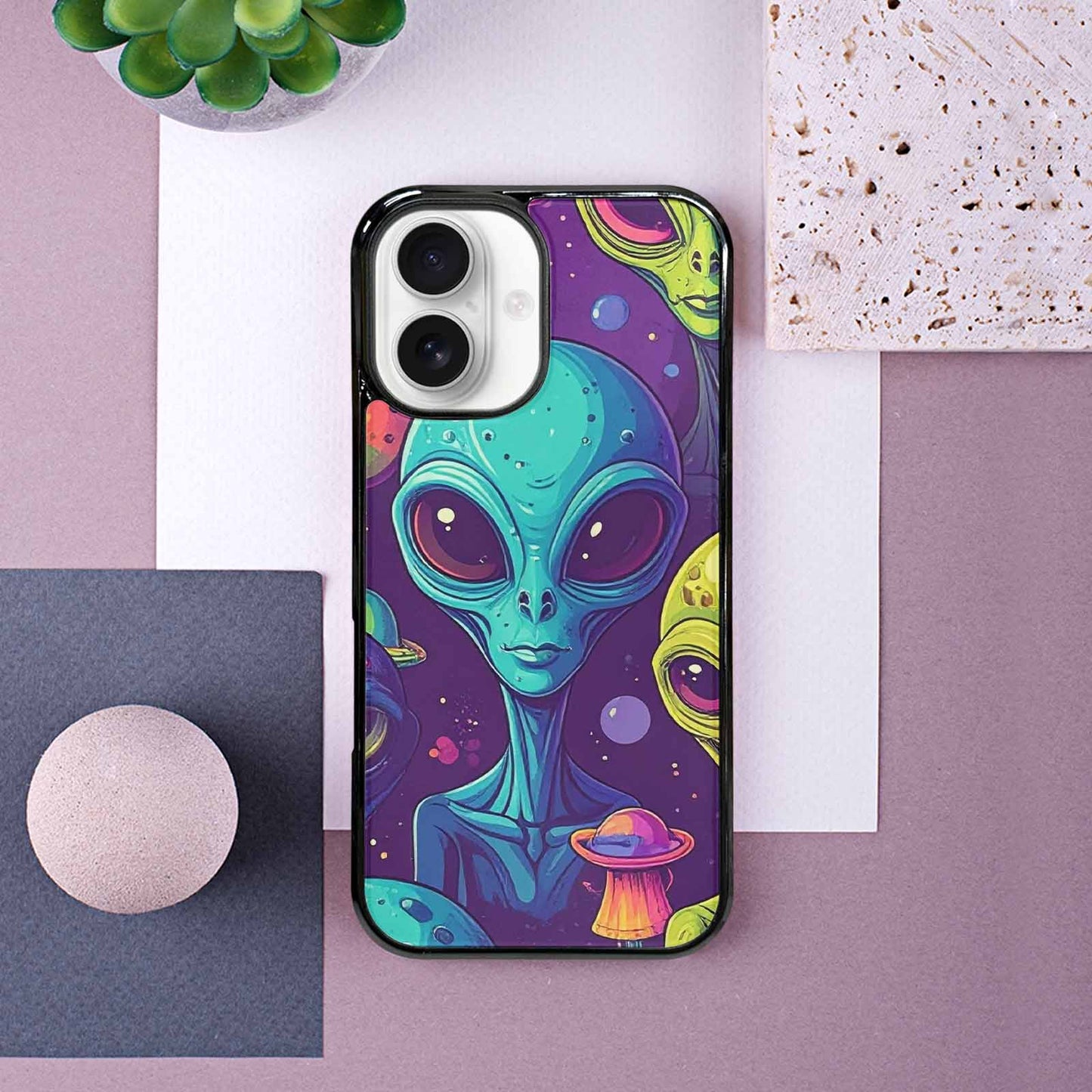 iPhone 16 Case — Alien Ufo Cartoon Art Pattern Groovy, Custom Designed Case Cover
