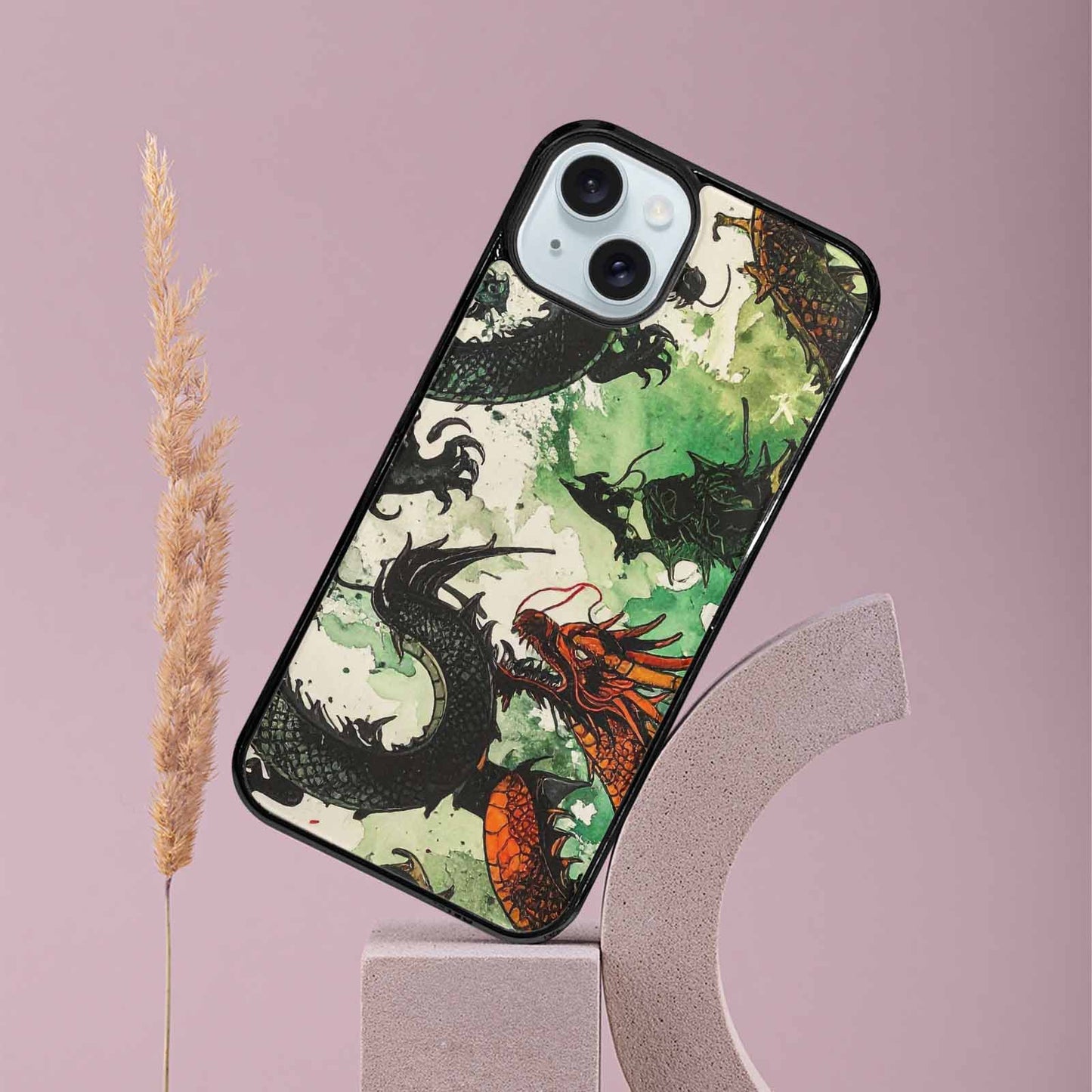 iPhone 15 Plus Case — Dragon Scale Black Green Ink Dragons, Personalized Phone Case