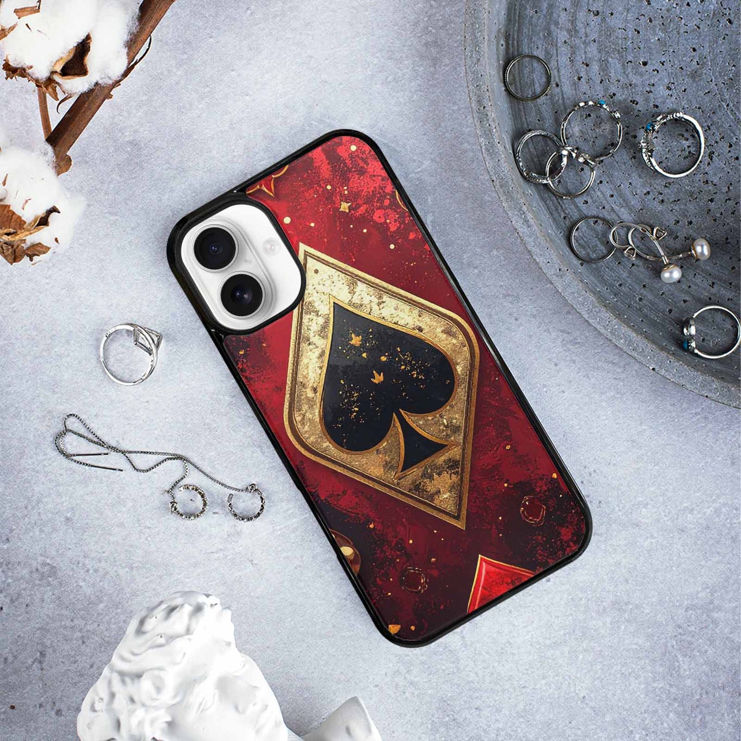iPhone 16 Plus Case — Playing Card Suits Pattern Poker Chips, Custom Designed Case Cover