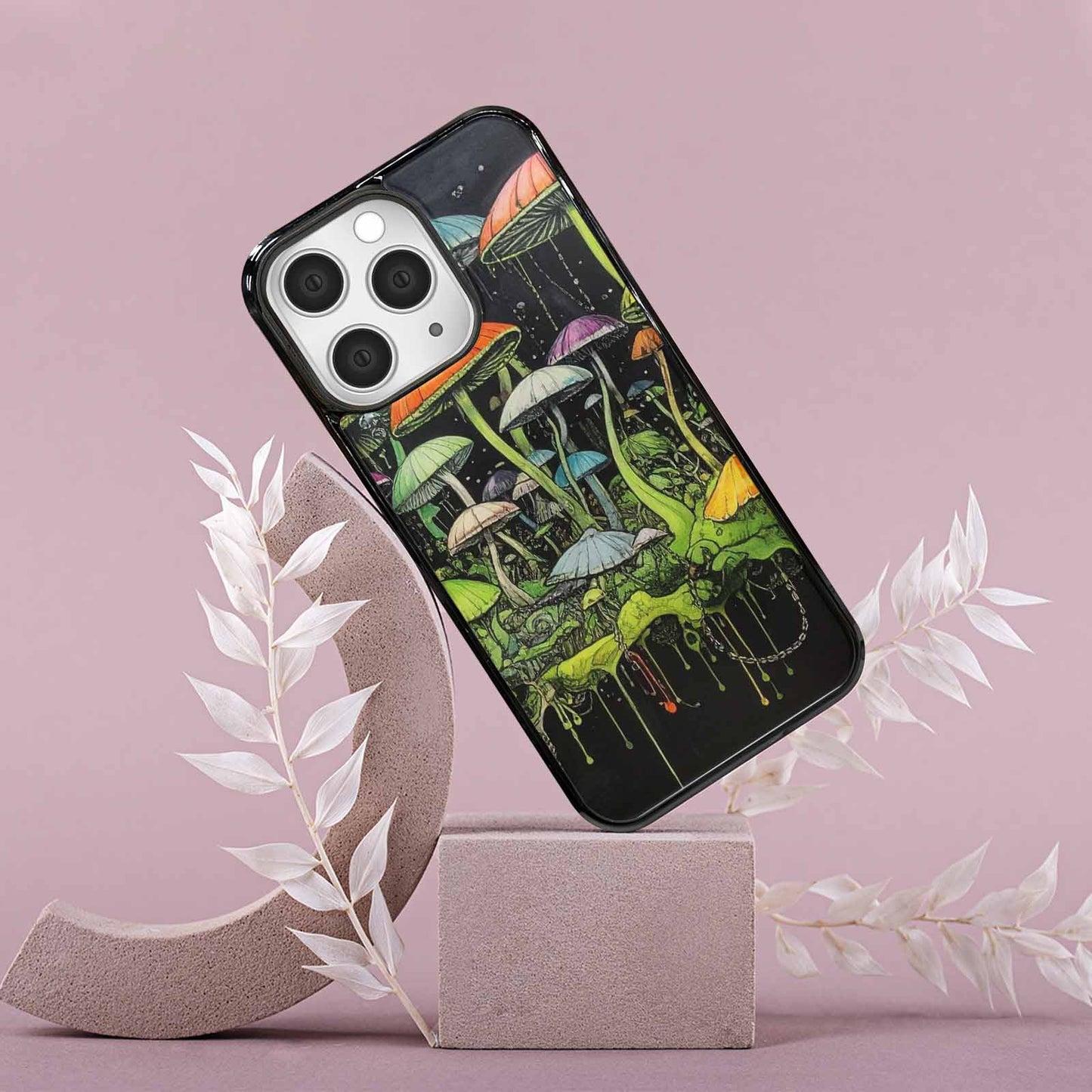 iPhone 15 Pro Max Case — Rainbow Drip Mushrooms Black Green Ink, Unique Phone Case Design