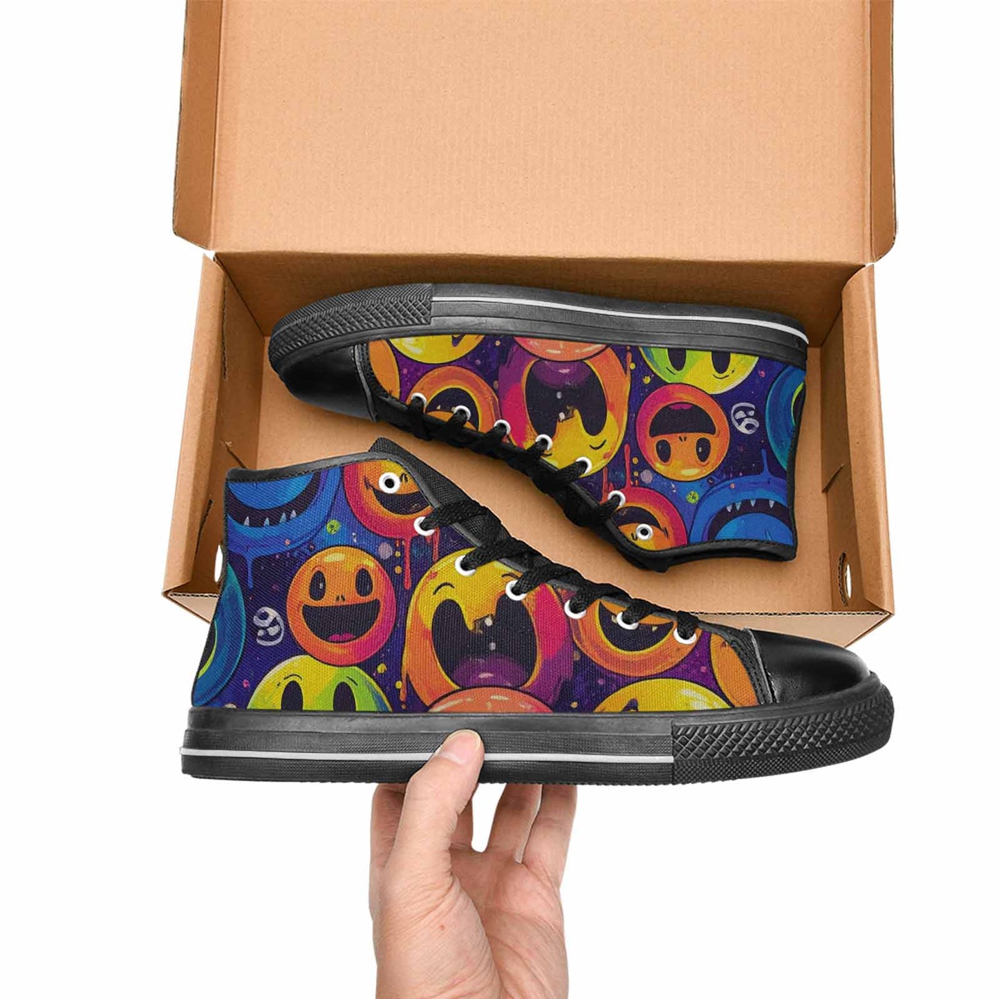 MEN'S Yellow Smiley Face High Top Canvas Wallpaper Art Custom Sneakers