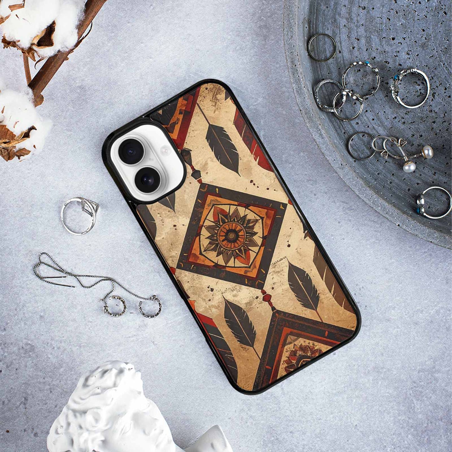 iPhone 16 Plus Case — Native American Geometric Pattern Arrows Feathers, Original Design Phone Case