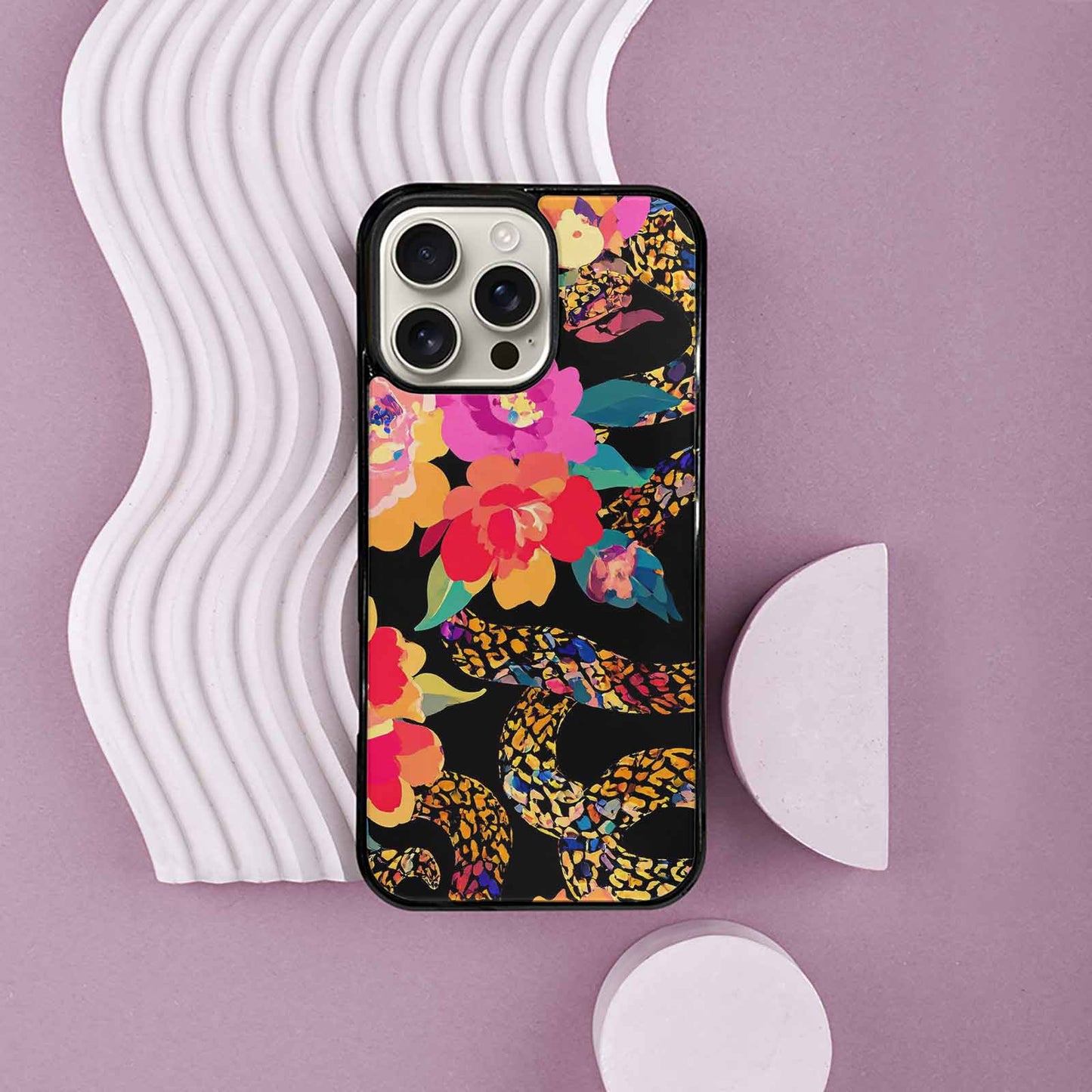 iPhone 16 Pro Max Case — Floral Snake Print, Custom Art Phone Cover