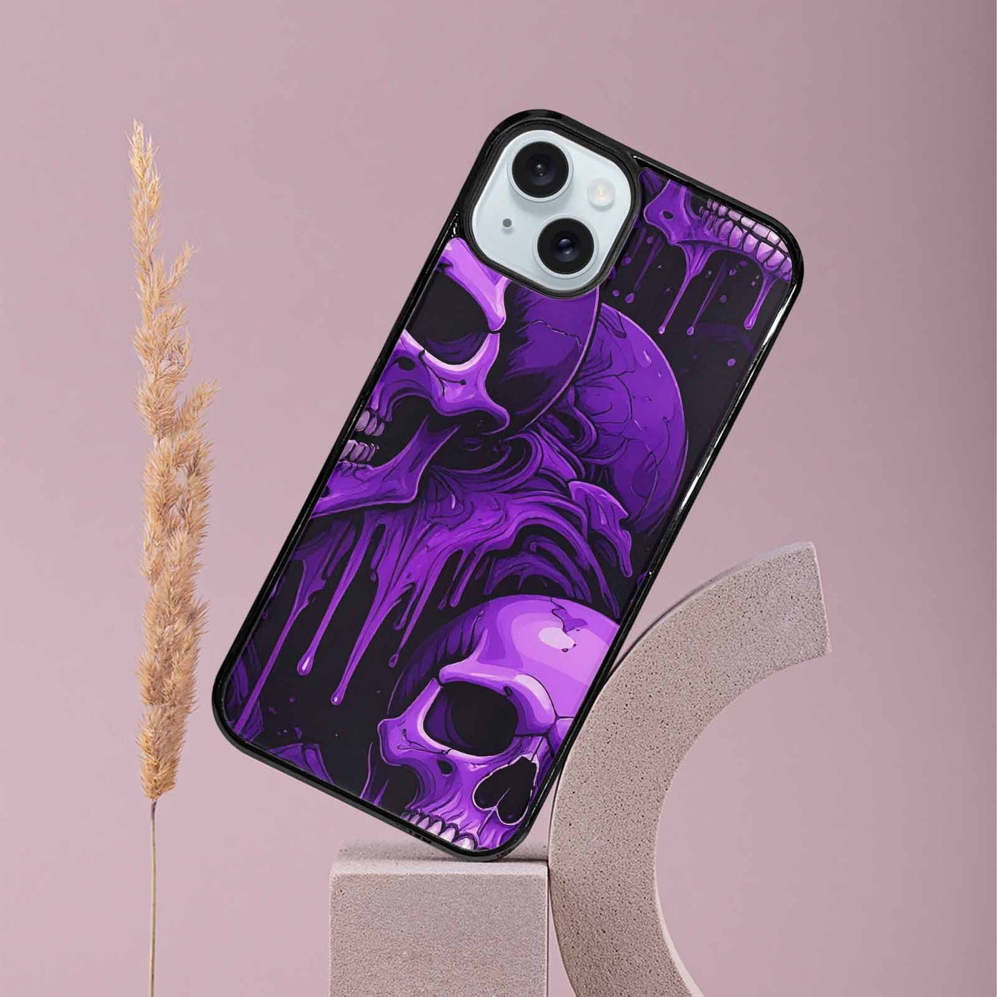 iPhone 15 Plus Case — Monochrome Purple Skeletons Neon Drip Melting, Original Design Phone Case