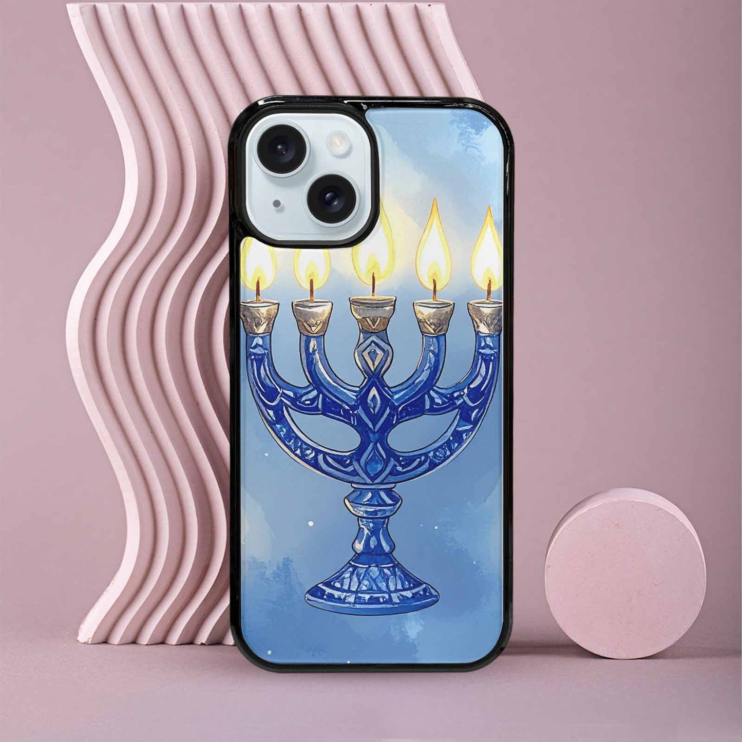 iPhone 15 Case — Hanukkah Menorah Pattern Seamless Repeat Jewish, Custom Printed Phone Case
