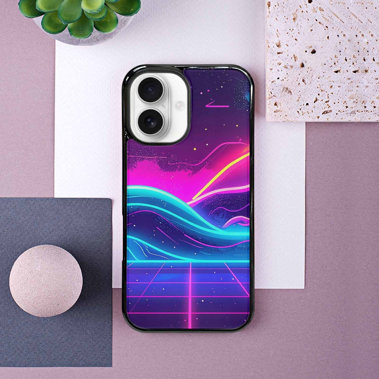 iPhone 16 Case — 1980s Neon Cartoon Art Pattern, Customized Protective Case