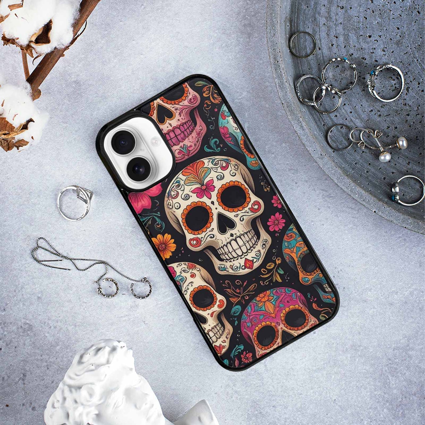 iPhone 16 Plus Case — Dia De Los Muertos Sugar Skull, Custom Print Case Cover