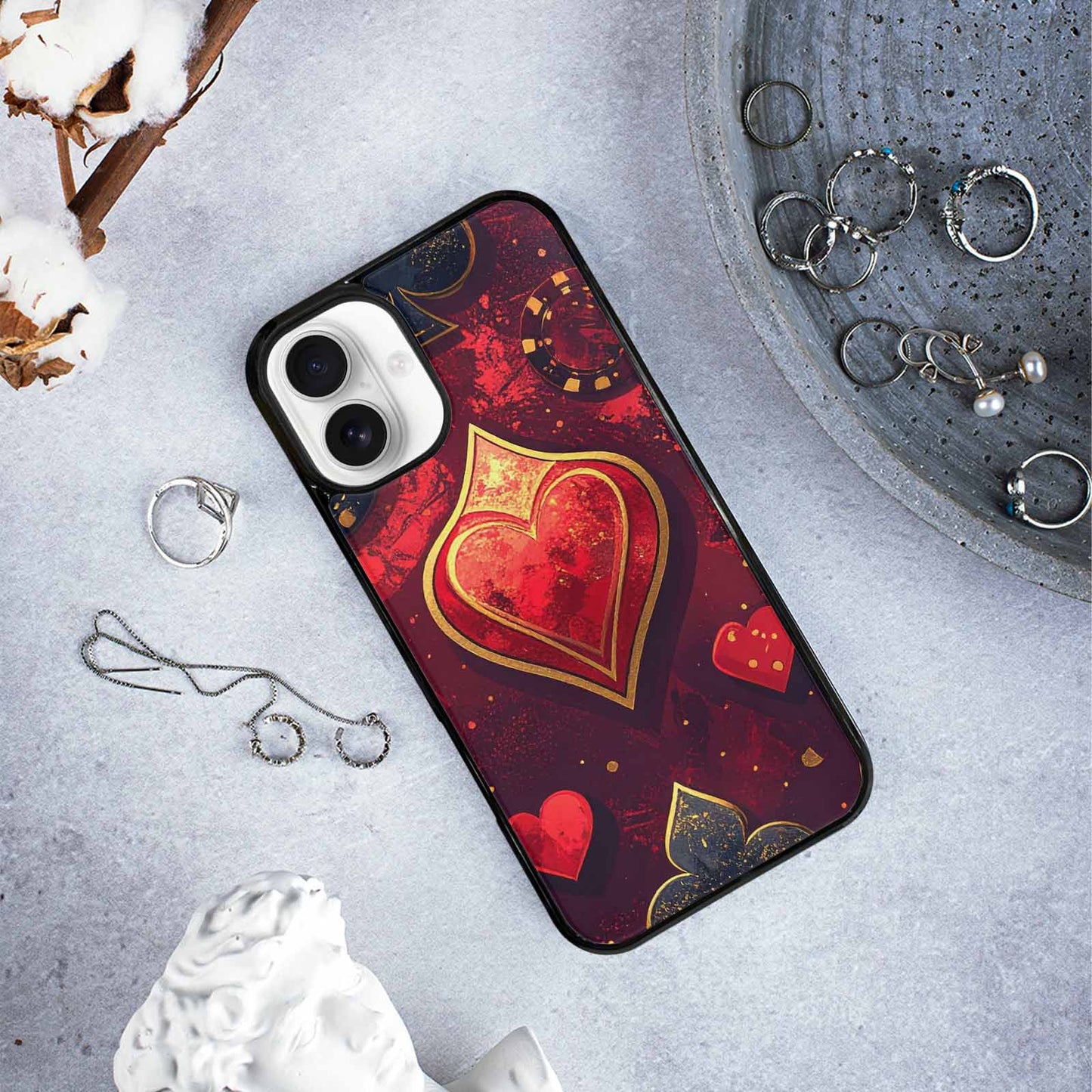 iPhone 16 Plus Case — Playing Card Suits Pattern Poker Chips, Custom Printed Phone Case