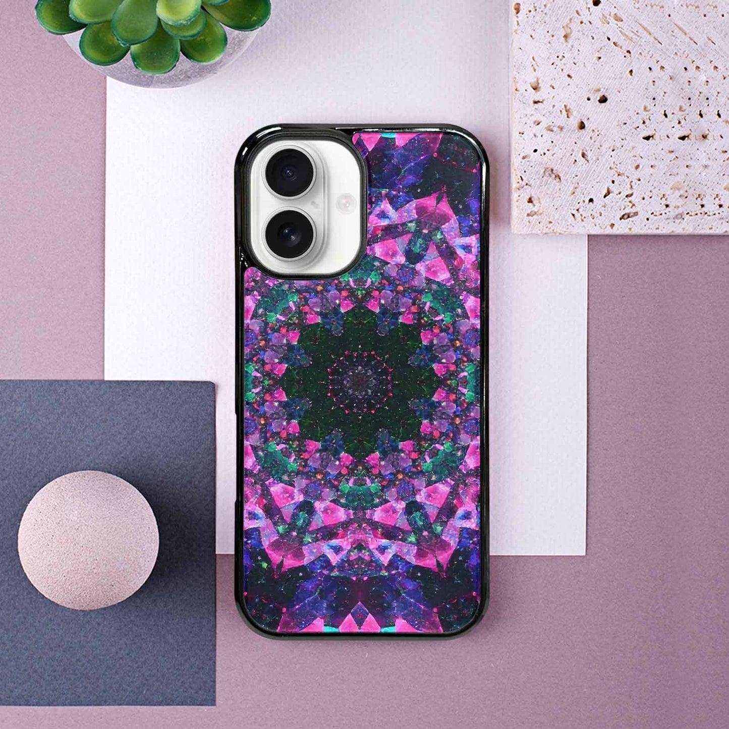 iPhone 16 Case — Crystal Mandala Art Seamless Pattern Vibrant, Customized Protective Case