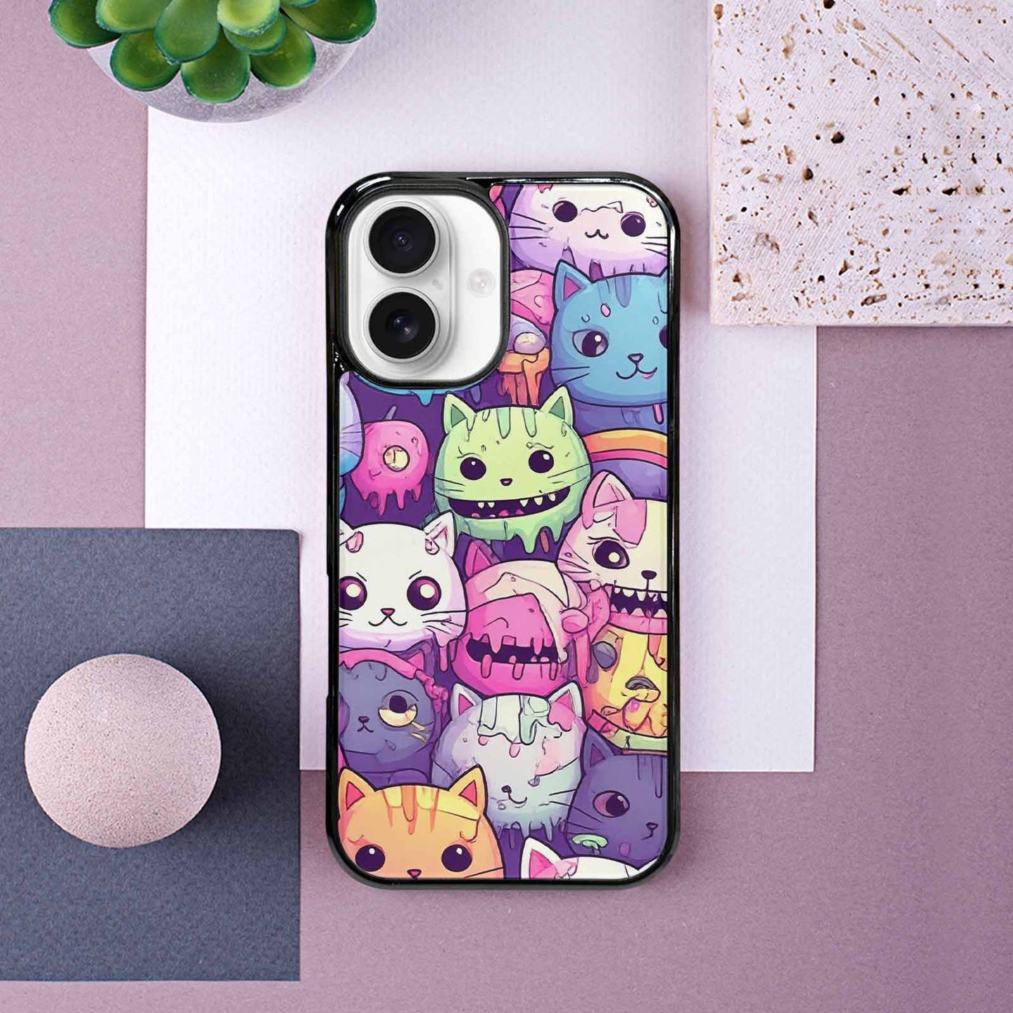 iPhone 16 Case — Pastel Gore Cat Character Pattern Hundreds, Custom Print Case Cover