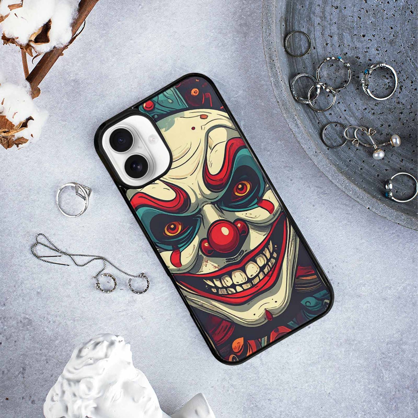 iPhone 16 Plus Case — Evil Circus Heads Faces Overlapping Patterns, Unique Phone Case Design