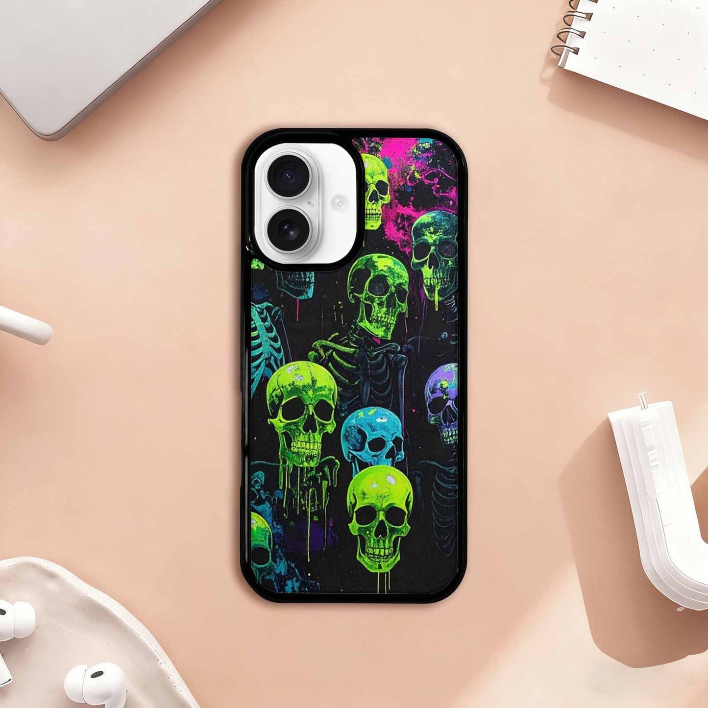 iPhone 17 Case — Skeletons Neon Green Original Art, Personalized Phone Case