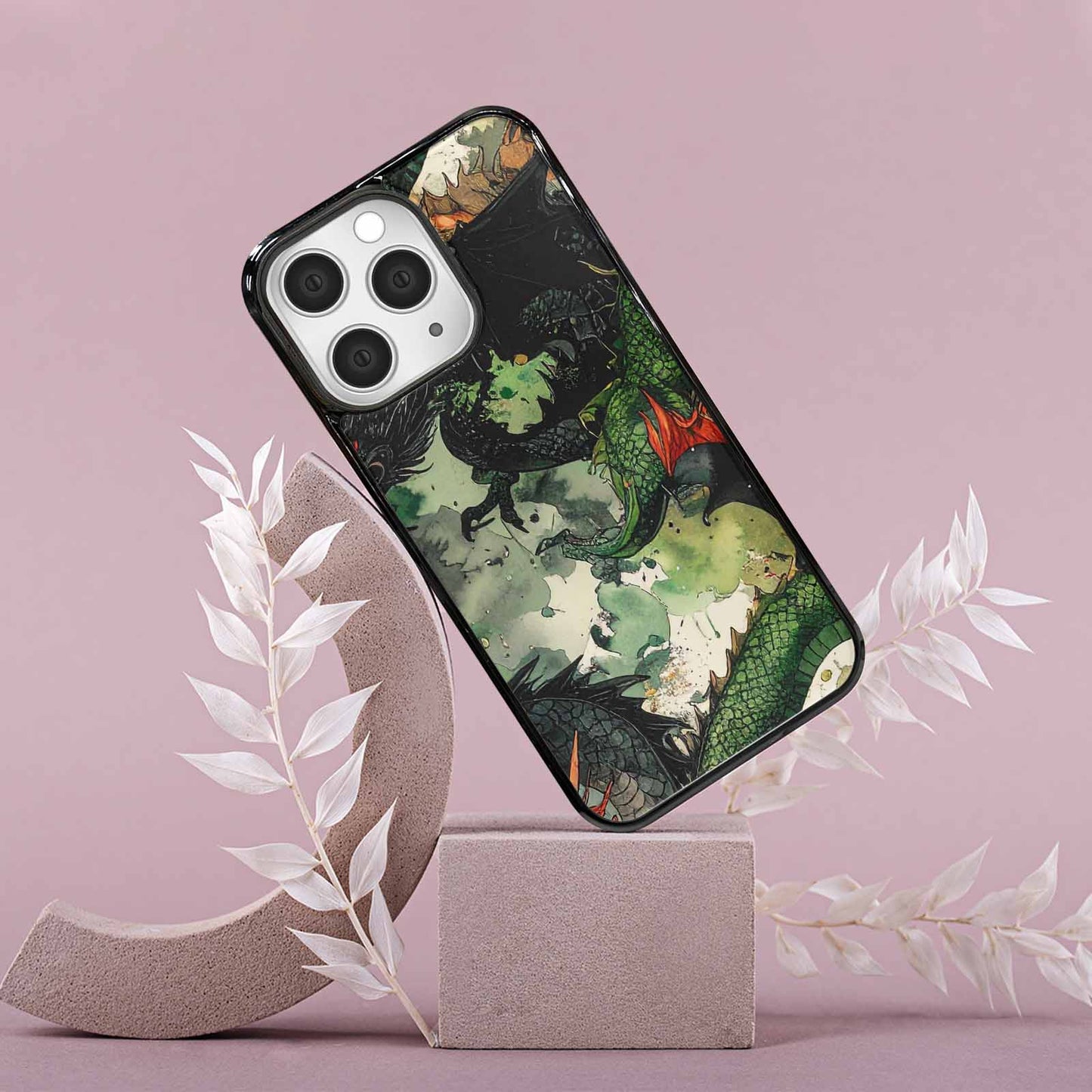 iPhone 15 Pro Max Case — Dragon Scale Black Green Ink Dragons, Custom Printed Phone Case