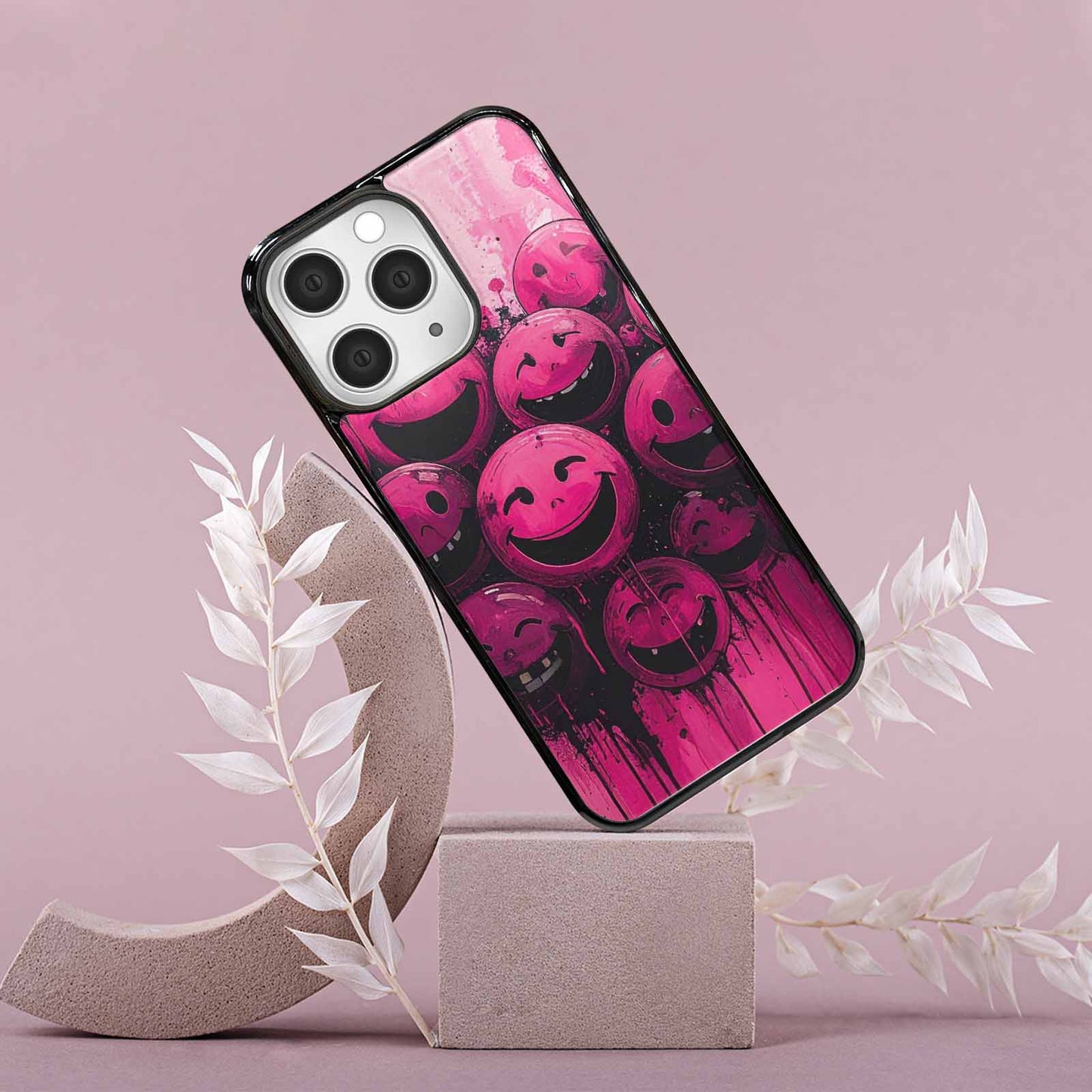 iPhone 15 Pro Max Case — Melting Moon Smiley Black Pink Ink, Custom Phone Case
