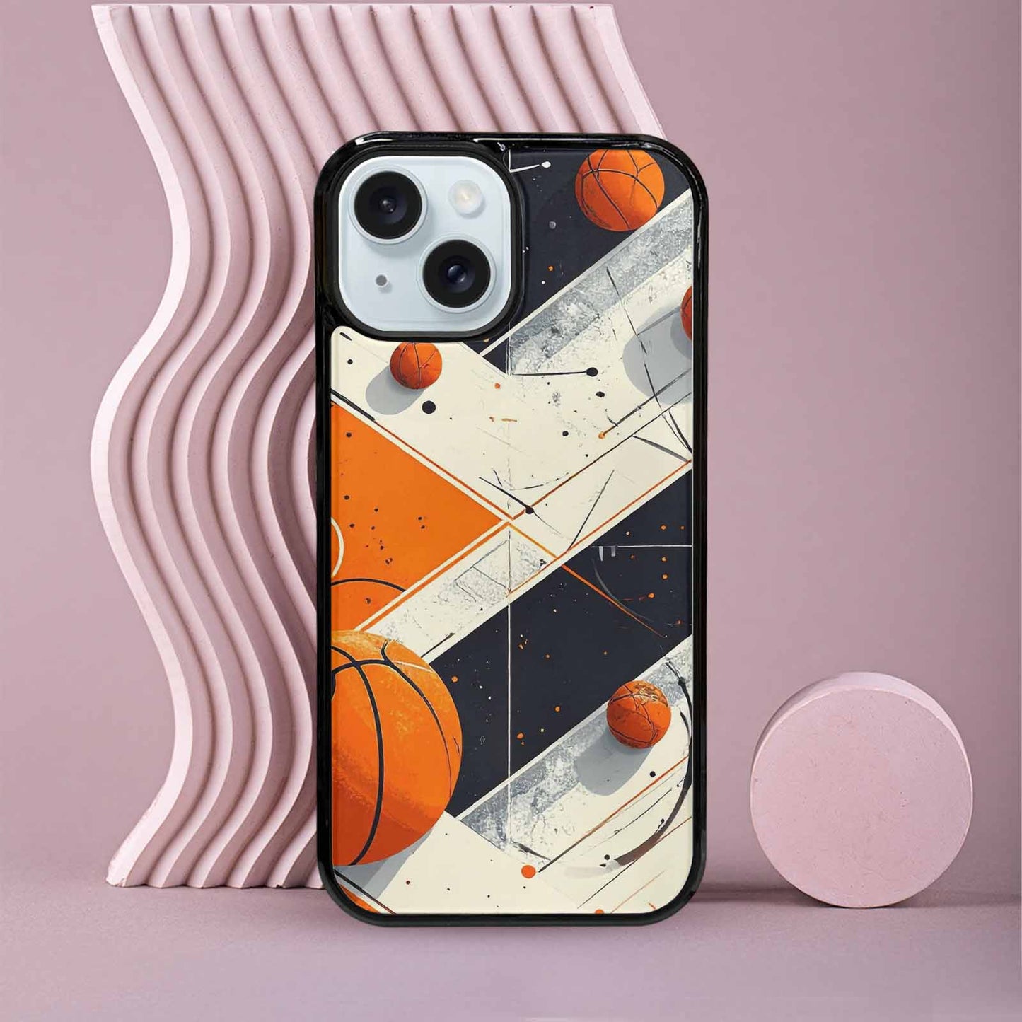 iPhone 15 Case — Basketball Pattern Court Lines And Balls, Custom Printed Phone Case