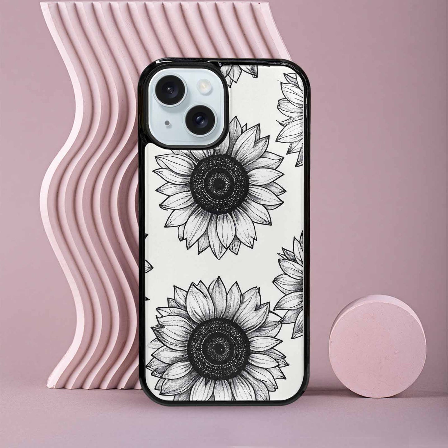 iPhone 15 Case — Minimalist Black Line Art Sunflowers On, Custom Designed Case Cover