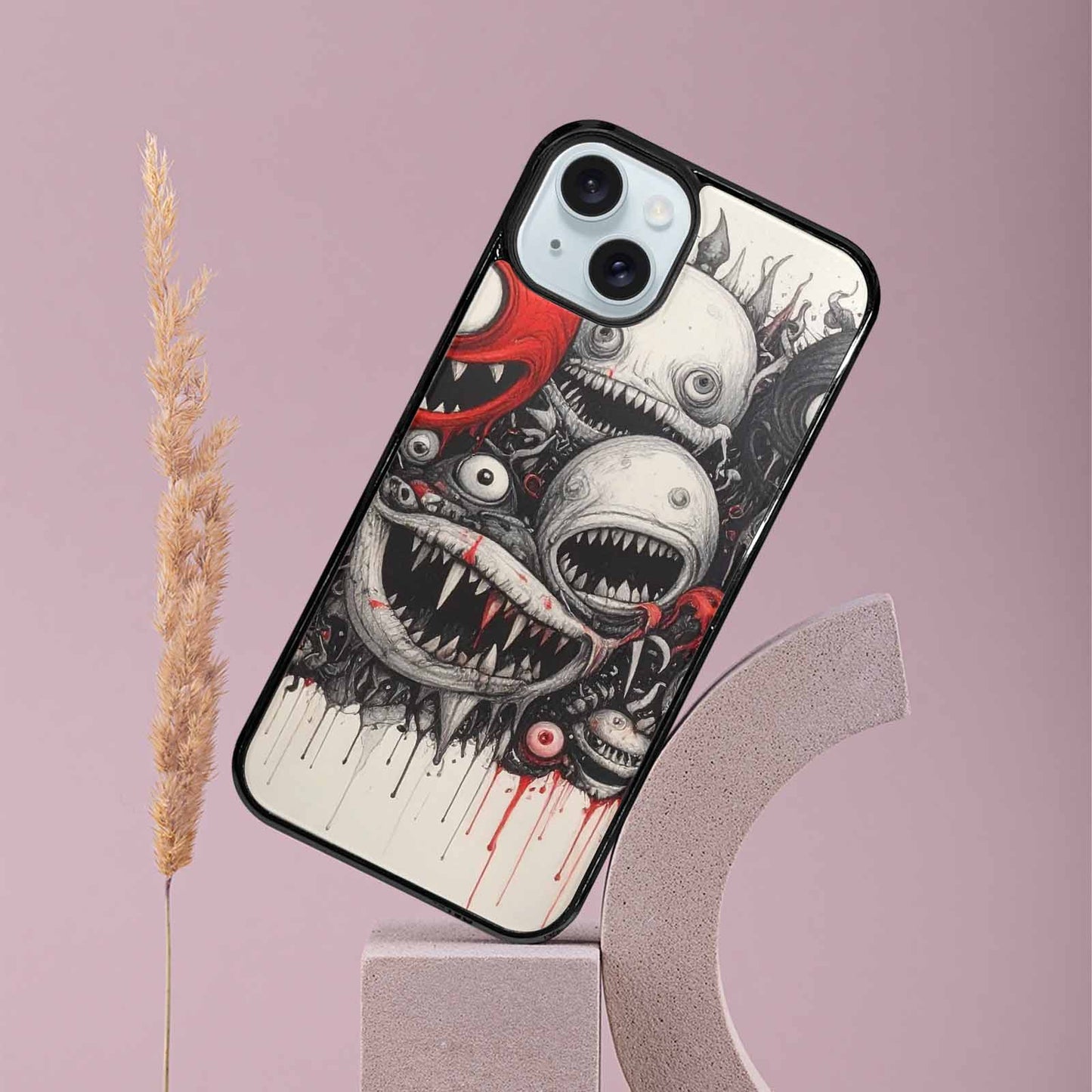 iPhone 15 Plus Case — Multi Eye Monster Black Red Ink, Customized Protective Case
