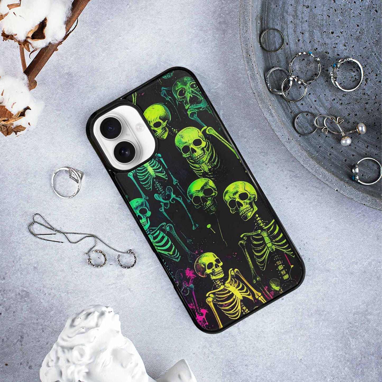 iPhone 16 Plus Case — Skeletons Neon Green Glowskele, Custom Printed Phone Case