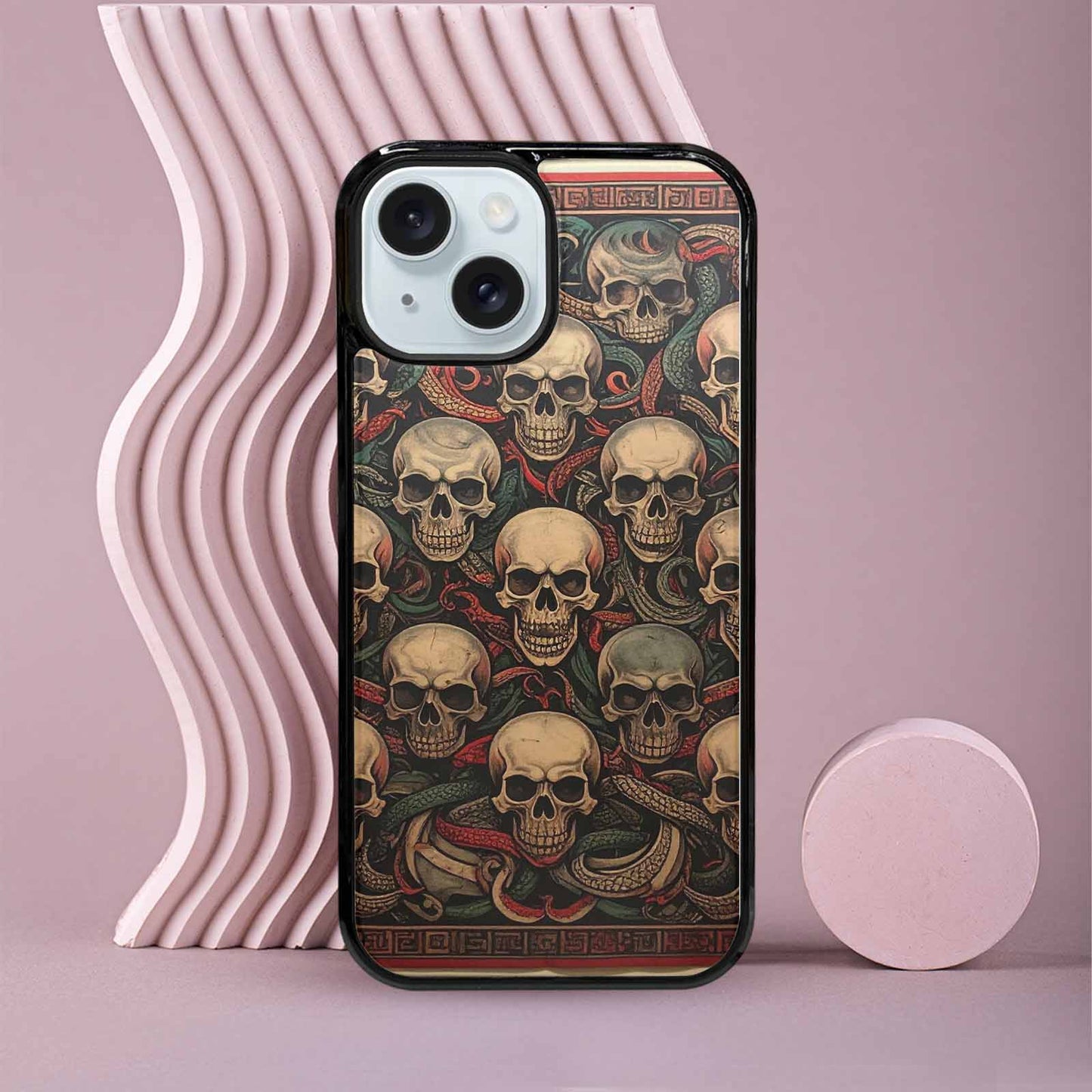 iPhone 15 Case — Traditional Tattoo Style Skulls Entwined With, Custom Art Phone Cover
