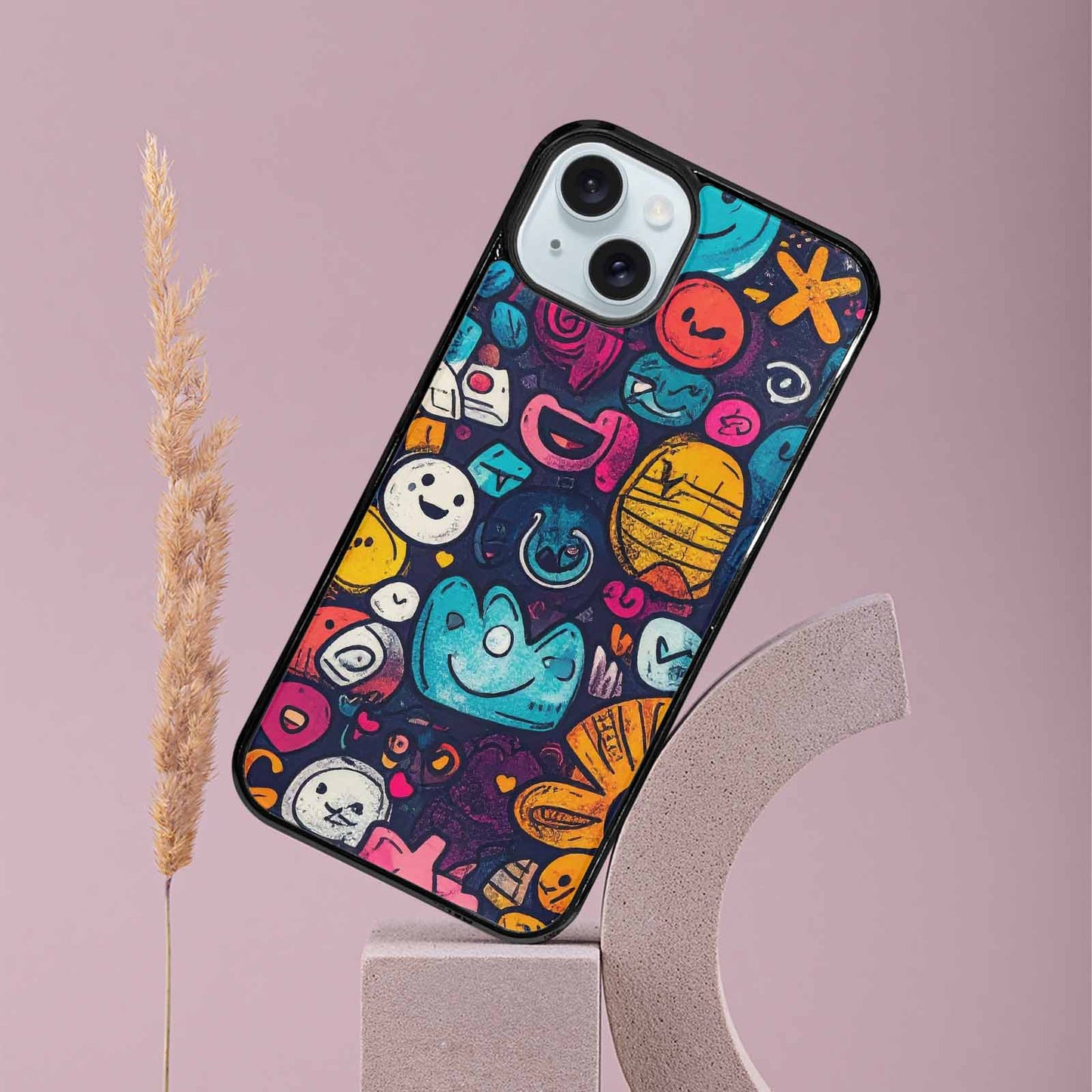 iPhone 15 Plus Case — Hand Drawn Icon Doodle Pattern Hundreds, Custom Printed Phone Case