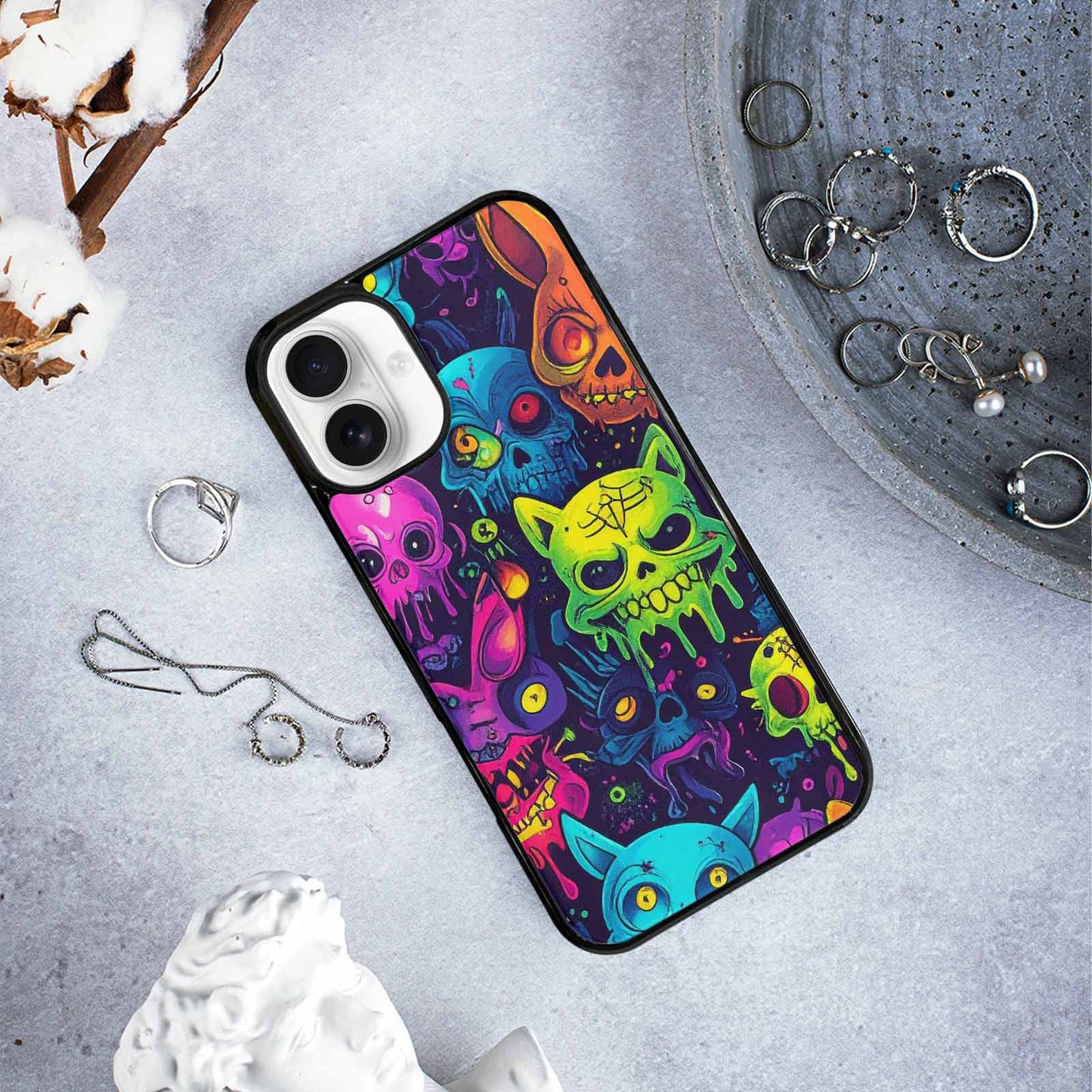 iPhone 16 Plus Case — Mixed Toxic Glow Creature Pattern Hundreds, Custom Art Phone Cover