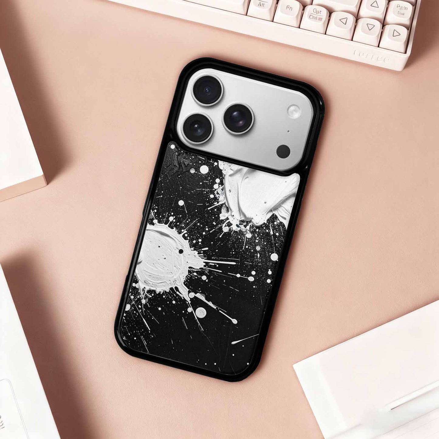 iPhone 17 Pro Case — White Ink Splatter Texture On Watercolor, Custom Made Phone Cover