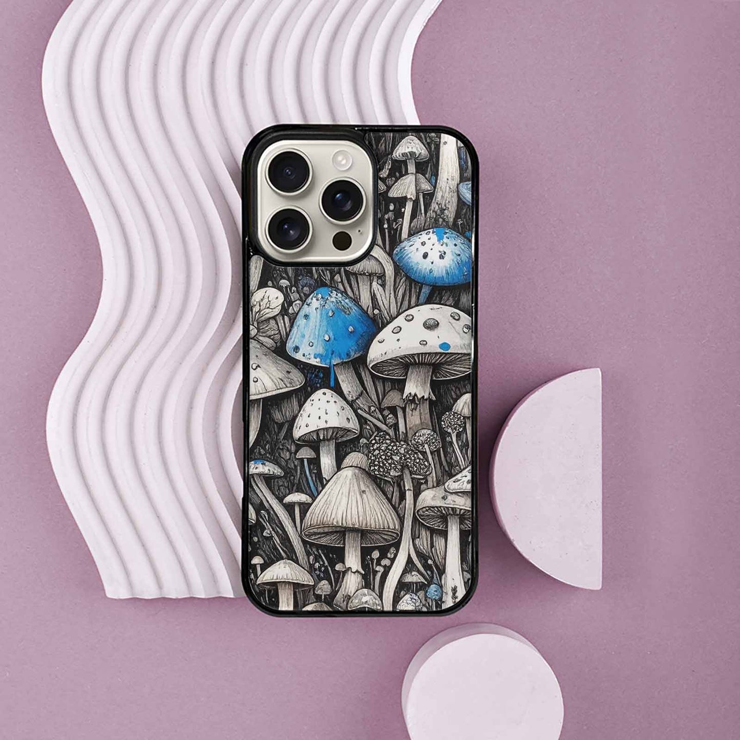 iPhone 16 Pro Max Case — Mushrooms General Black Blue Ink Mushrooms, Custom Designed Case Cover