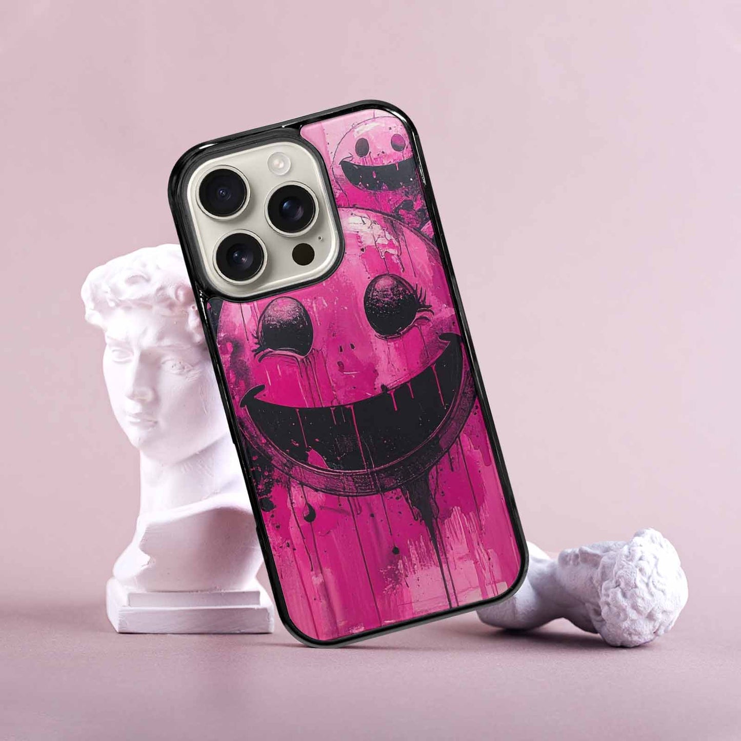 iPhone 16 Pro Case — Melting Moon Smiley Black Pink Ink, Custom Printed Phone Case